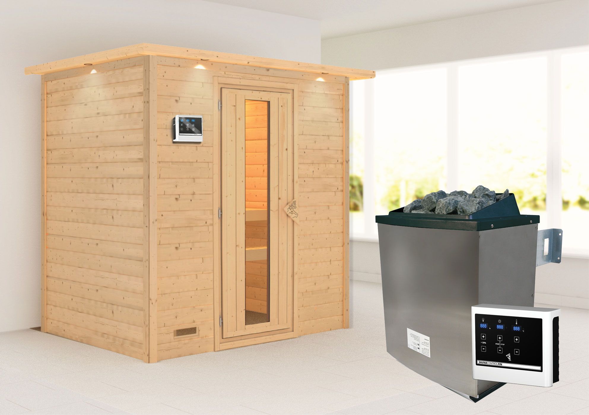 Sauna "Holmger" SET AKTION mit Energiespartür, Kranz & Ofen externe Steuerung easy 9 KW - 224 x 160 x 202 cm (B x T x H)