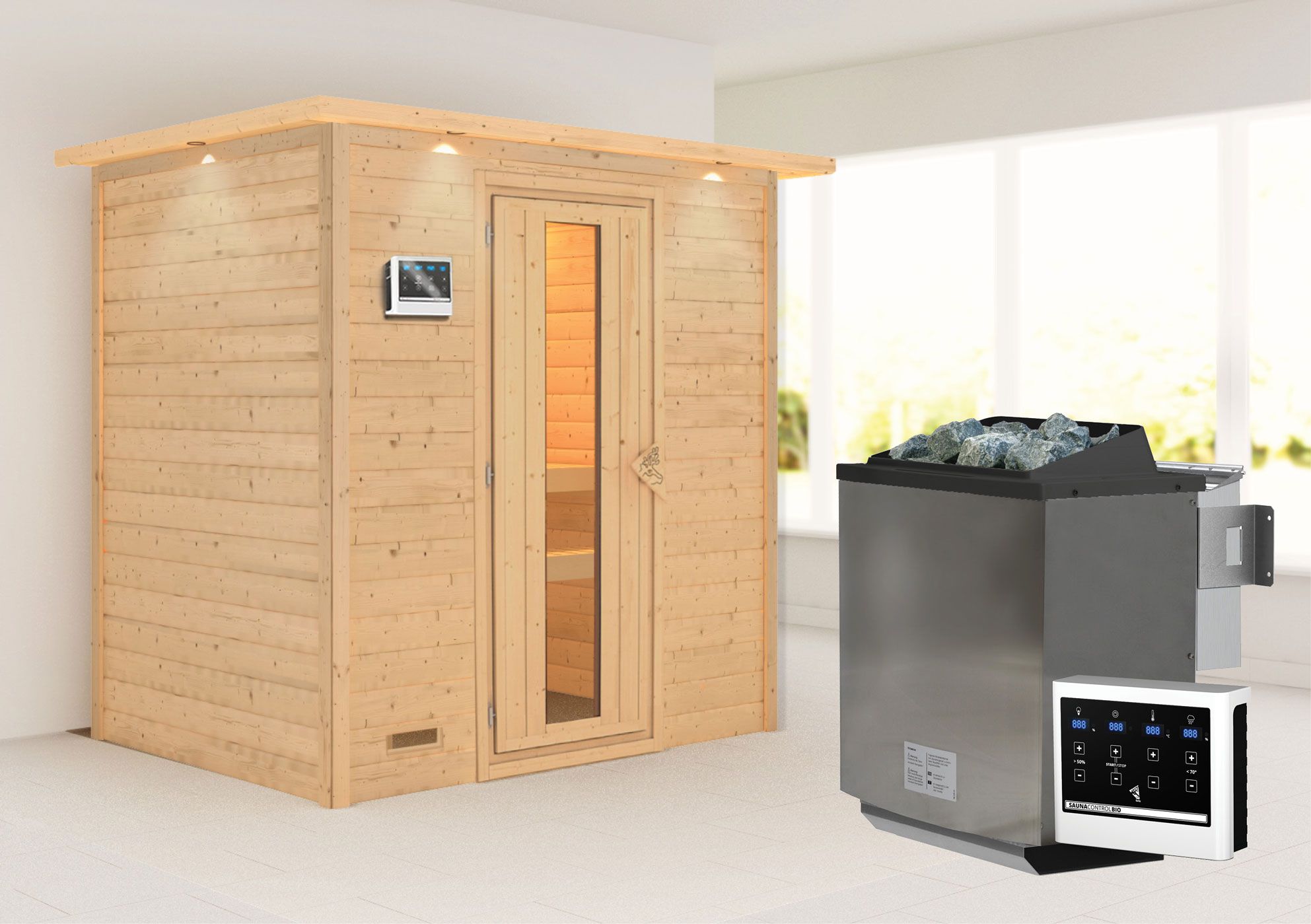 Sauna "Holmger" SET AKTION mit Energiespartür, Kranz & Ofen BIO 9 kW - 224 x 160 x 202 cm (B x T x H)