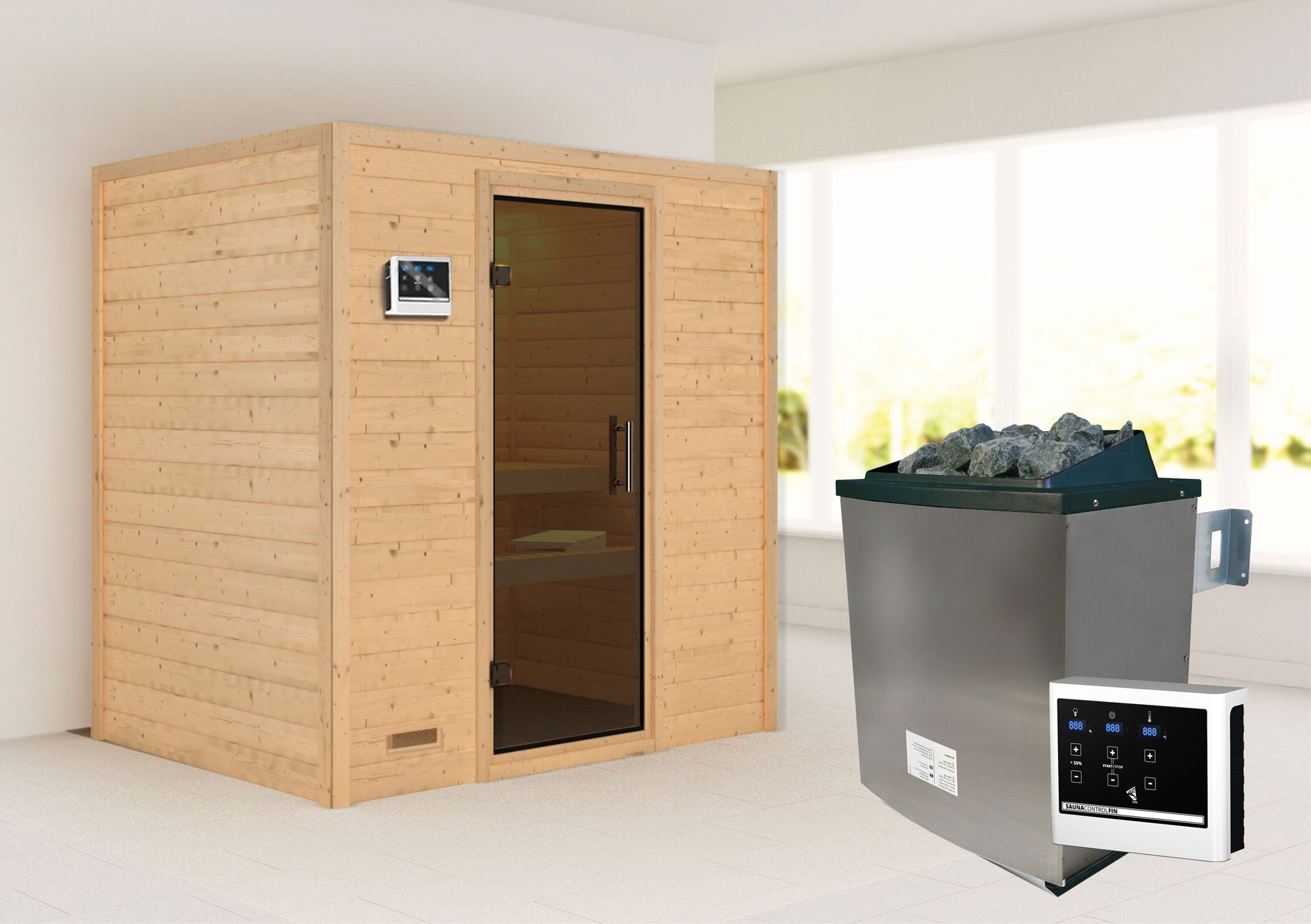 Sauna "Holmger" SET AKTION mit graphitfarbener Tür & Ofen externe Steuerung easy 9 KW - 196 x 146 x 198 cm (B x T x H)