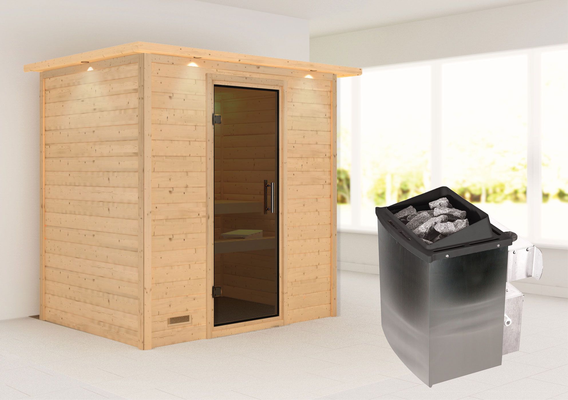 Sauna "Holmger" SET AKTION mit graphitfarbener Tür, Kranz & Ofen 9 kW - 224 x 160 x 202 cm (B x T x H)
