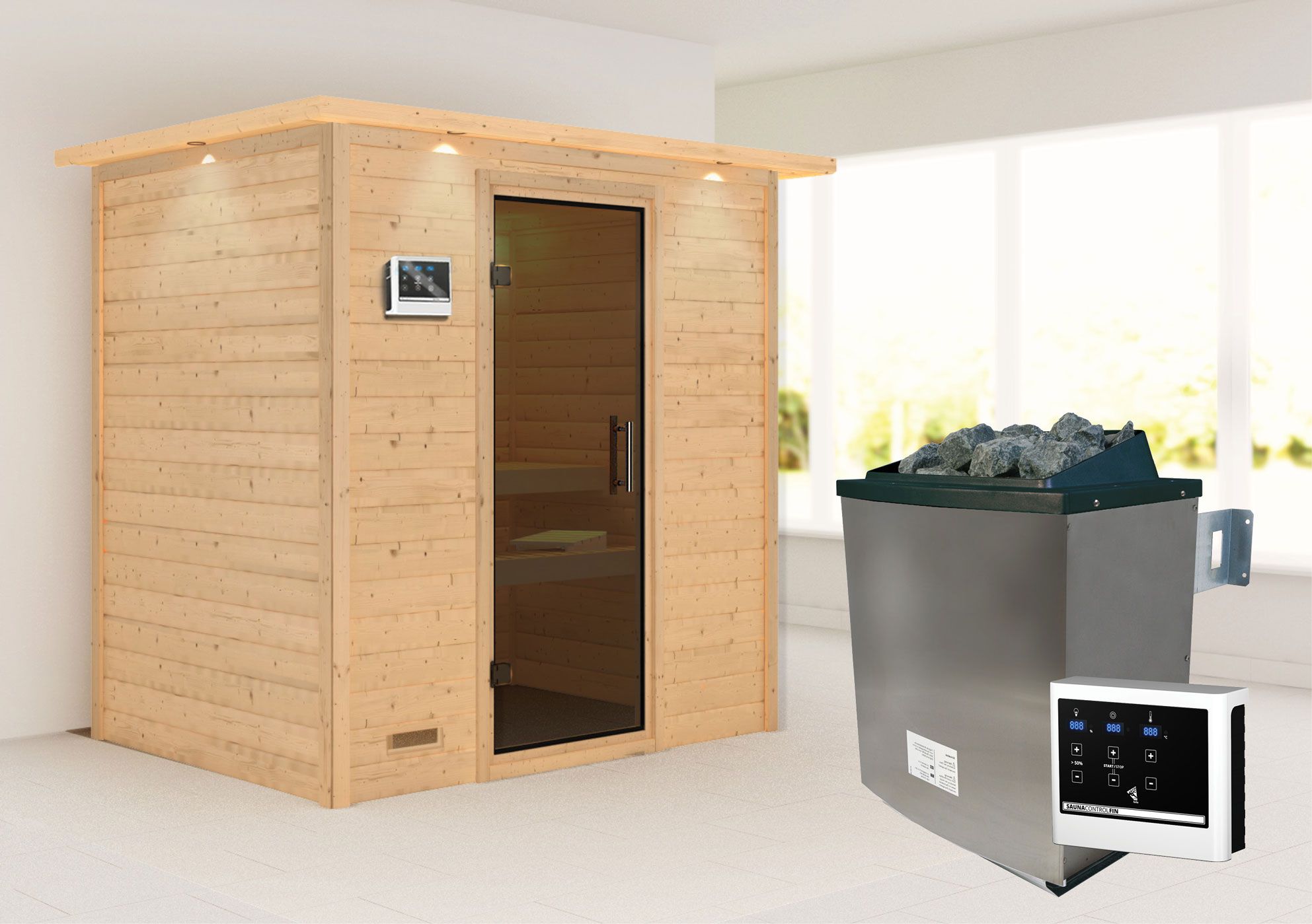 Sauna "Holmger" SET AKTION mit graphitfarbener Tür, Kranz & Ofen externe Steuerung easy 9 KW - 224 x 160 x 202 cm (B x T x H)