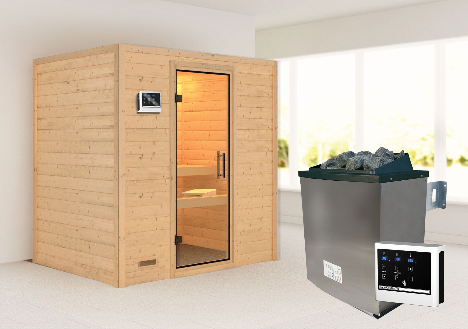 Sauna "Holmger" SET AKTION mit Klarglastür und Ofen externe Steuerung easy 9 KW - 196 x 146 x 198 cm (B x T x H)