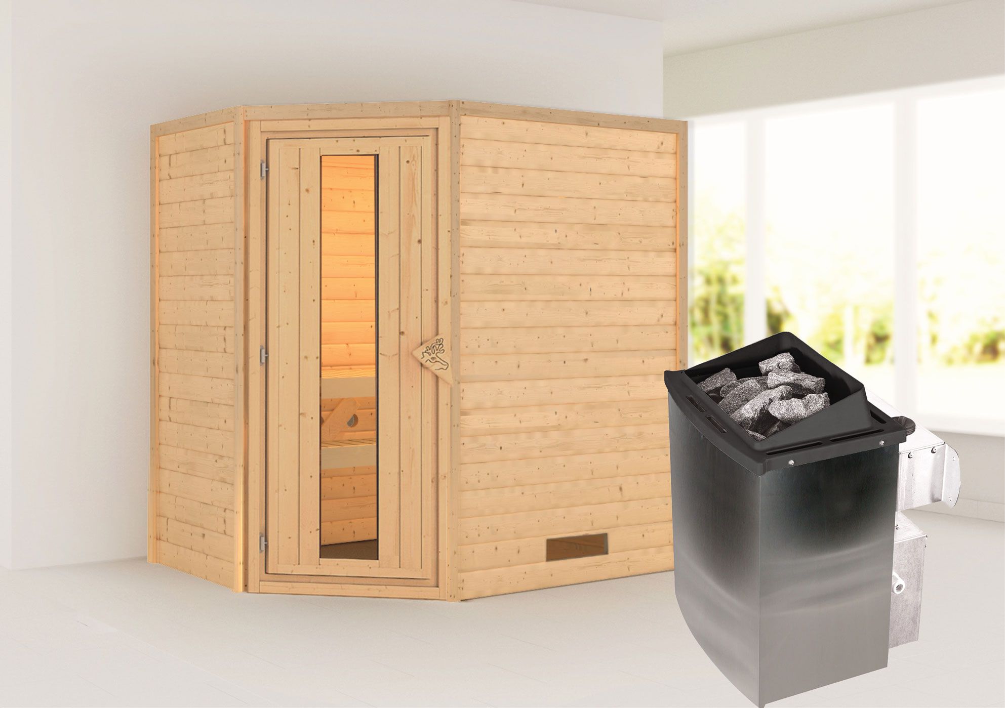 Sauna "Jannik" SET AKTION mit Energiespartür und Ofen 9 kW - 196 x 146 x 198 cm (B x T x H)