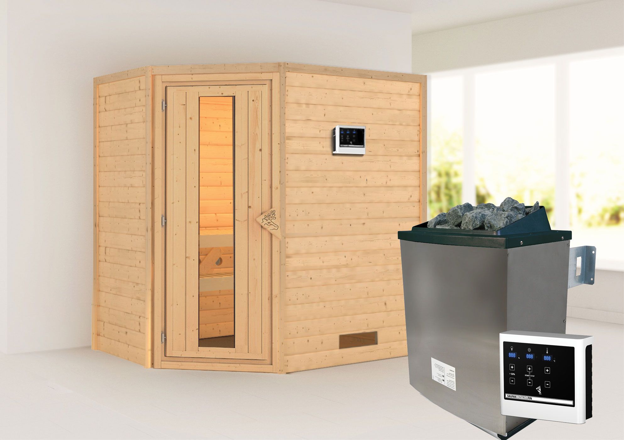 Sauna "Jannik" SET AKTION mit Energiespartür und Ofen externe Steuerung easy 9 KW - 196 x 146 x 198 cm (B x T x H)
