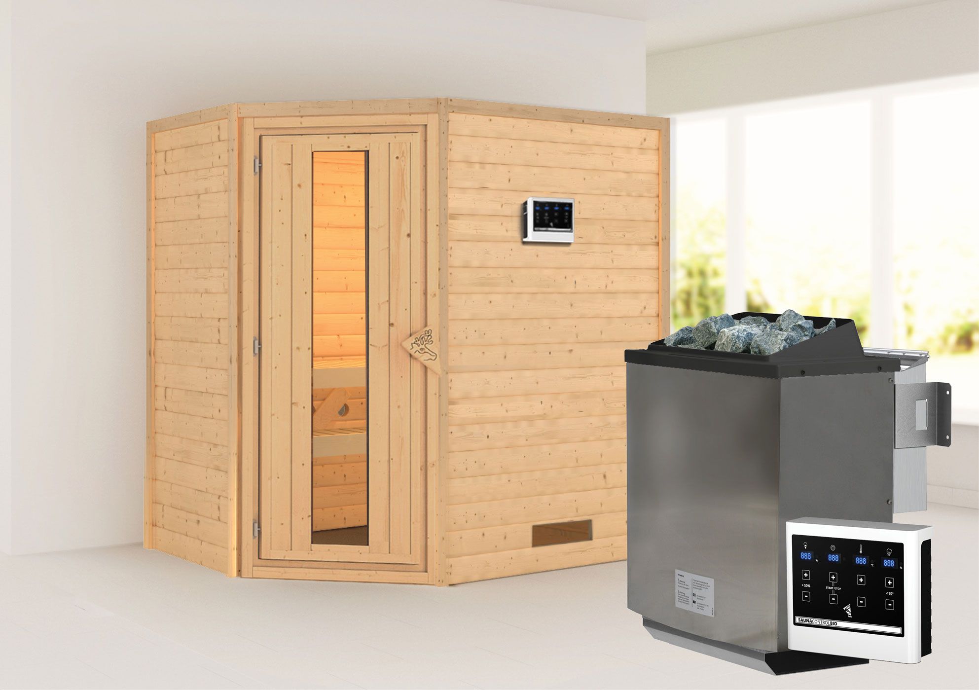 Sauna "Jannik" SET AKTION mit Energiespartür und Ofen BIO 9 kW - 196 x 146 x 198 cm (B x T x H)