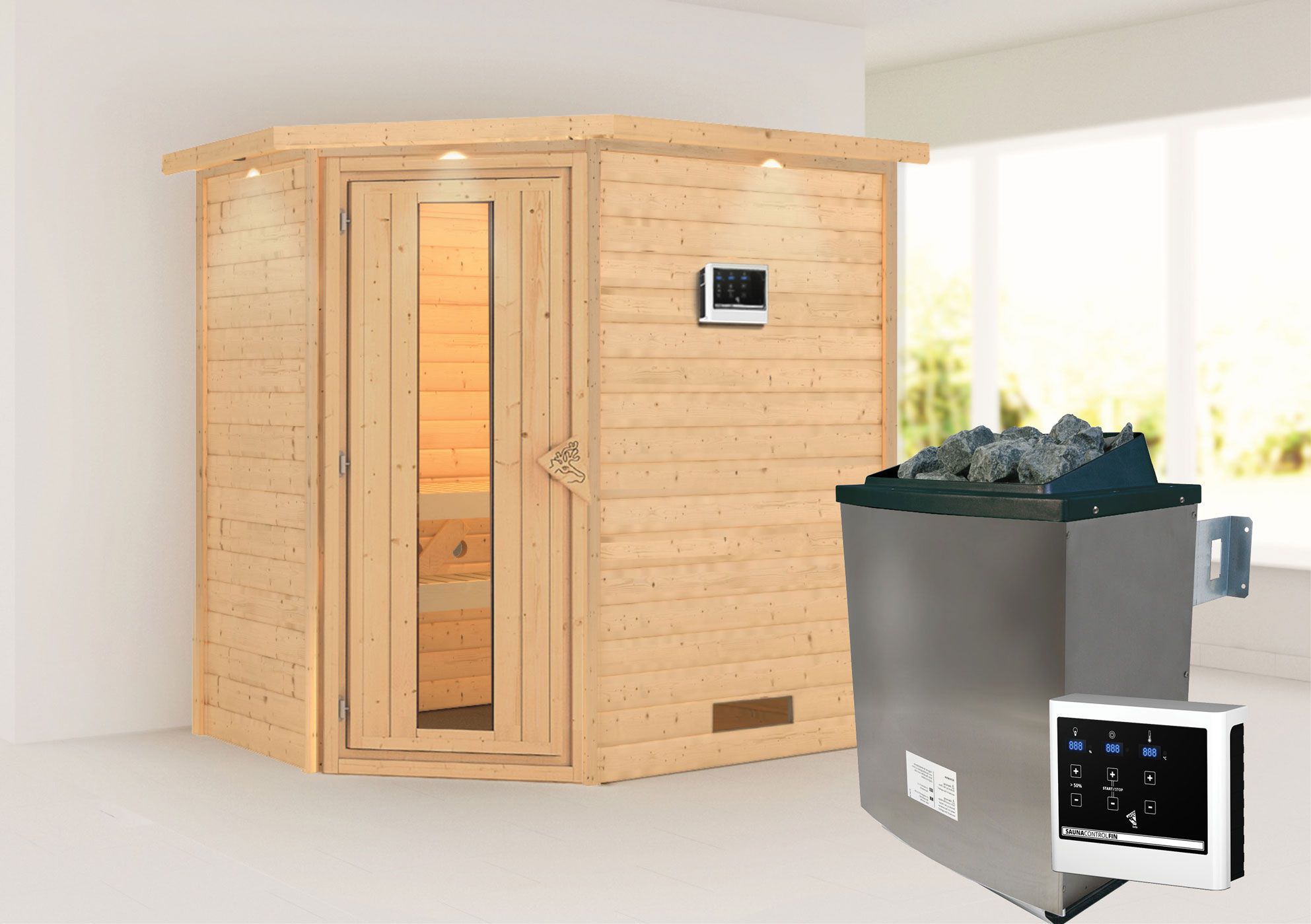 Sauna "Jannik" SET AKTION mit Energiespartür, Kranz & Ofen externe Steuerung easy 9 KW - 224 x 160 x 202 cm (B x T x H)