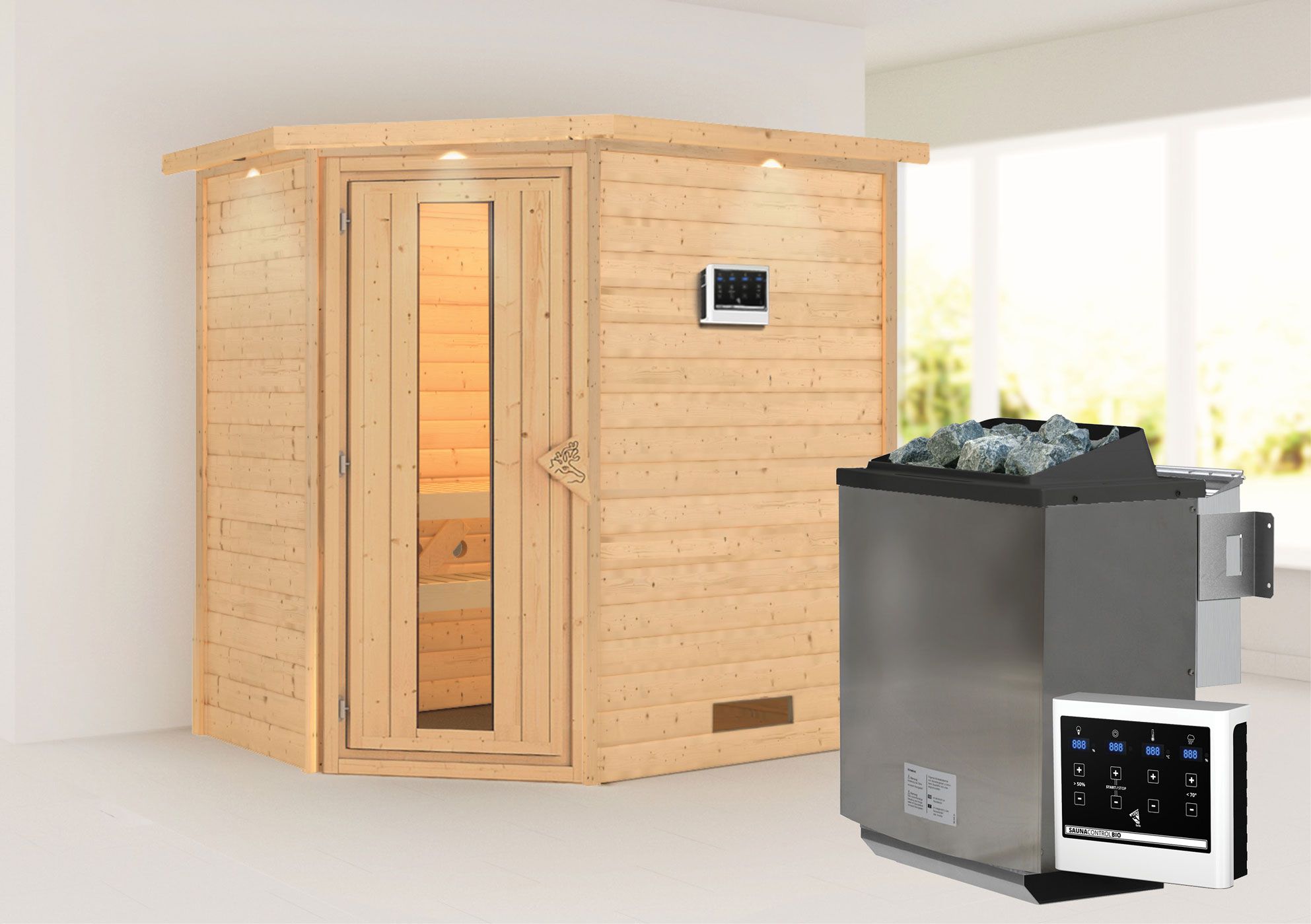 Sauna "Jannik" SET AKTION mit Energiespartür, Kranz & Ofen BIO 9 kW - 224 x 160 x 202 cm (B x T x H)