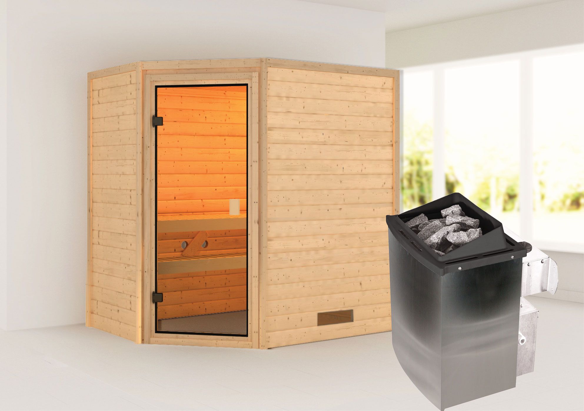 Sauna "Jannik" SET AKTION mit bronzierter Tür & Ofen 9 kW - 196 x 146 x 198 cm (B x T x H)