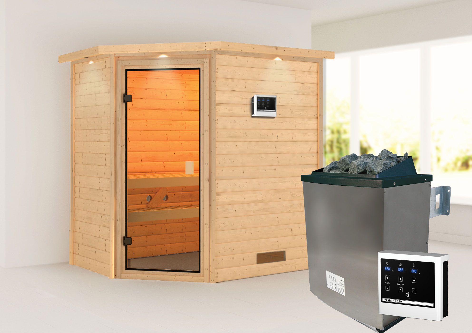 Sauna "Jannik" SET mit bronzierter Tür, Kranz & Ofen externe Steuerung easy 9 KW - 224 x 160 x 202 cm (B x T x H)