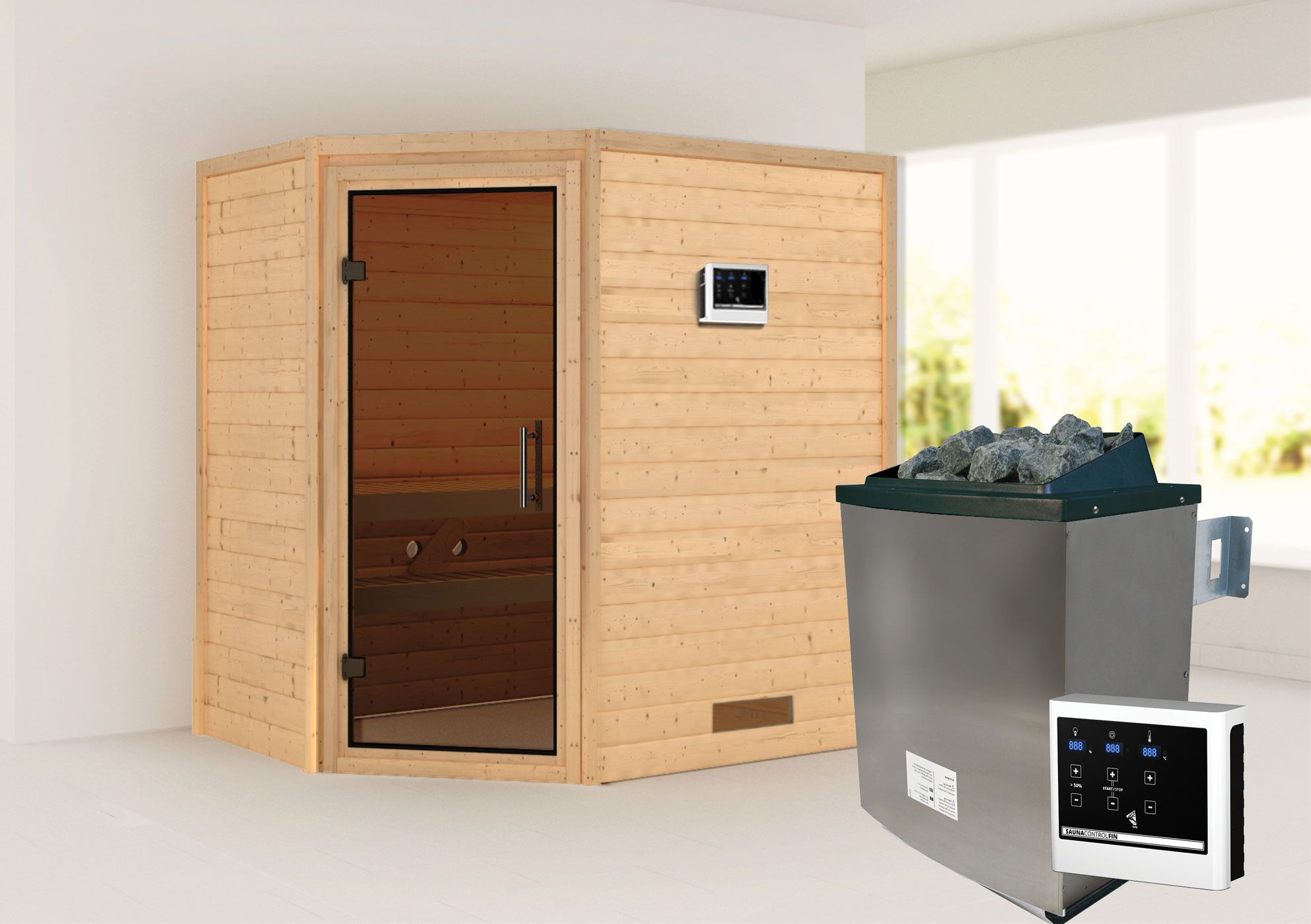 Sauna "Jannik" SET AKTION mit graphitfarbener Tür & Ofen externe Steuerung easy 9 KW - 196 x 146 x 198 cm (B x T x H)