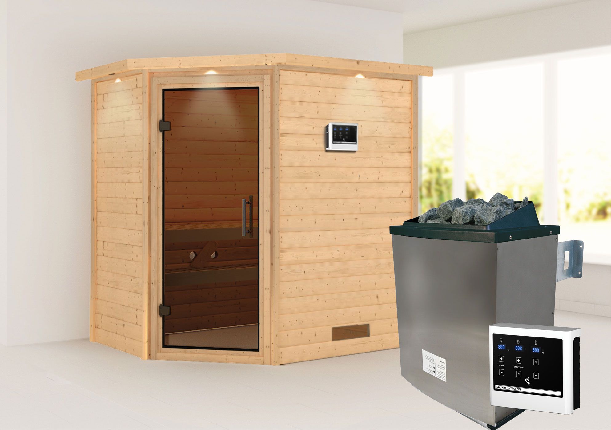Sauna "Jannik" SET AKTION mit graphitfarbener Tür, Kranz & Ofen externe Steuerung easy 9 KW - 224 x 160 x 202 cm (B x T x H)