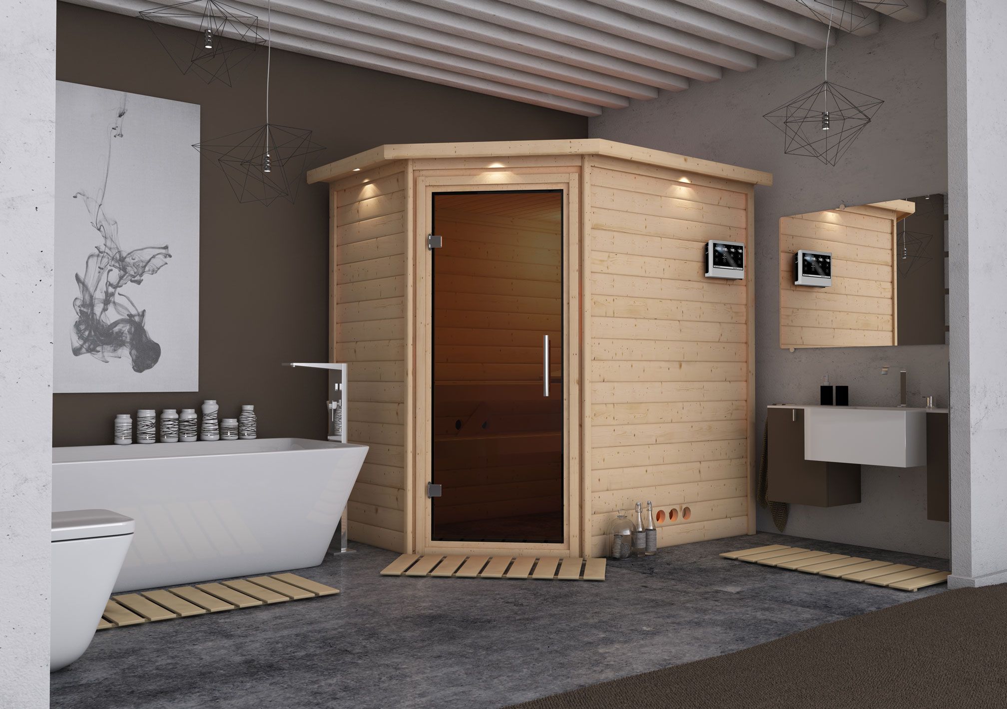 Sauna "Jannik" SET AKTION mit graphitfarbener Tür, Kranz & Ofen BIO 9 kW - 224 x 160 x 202 cm (B x T x H)