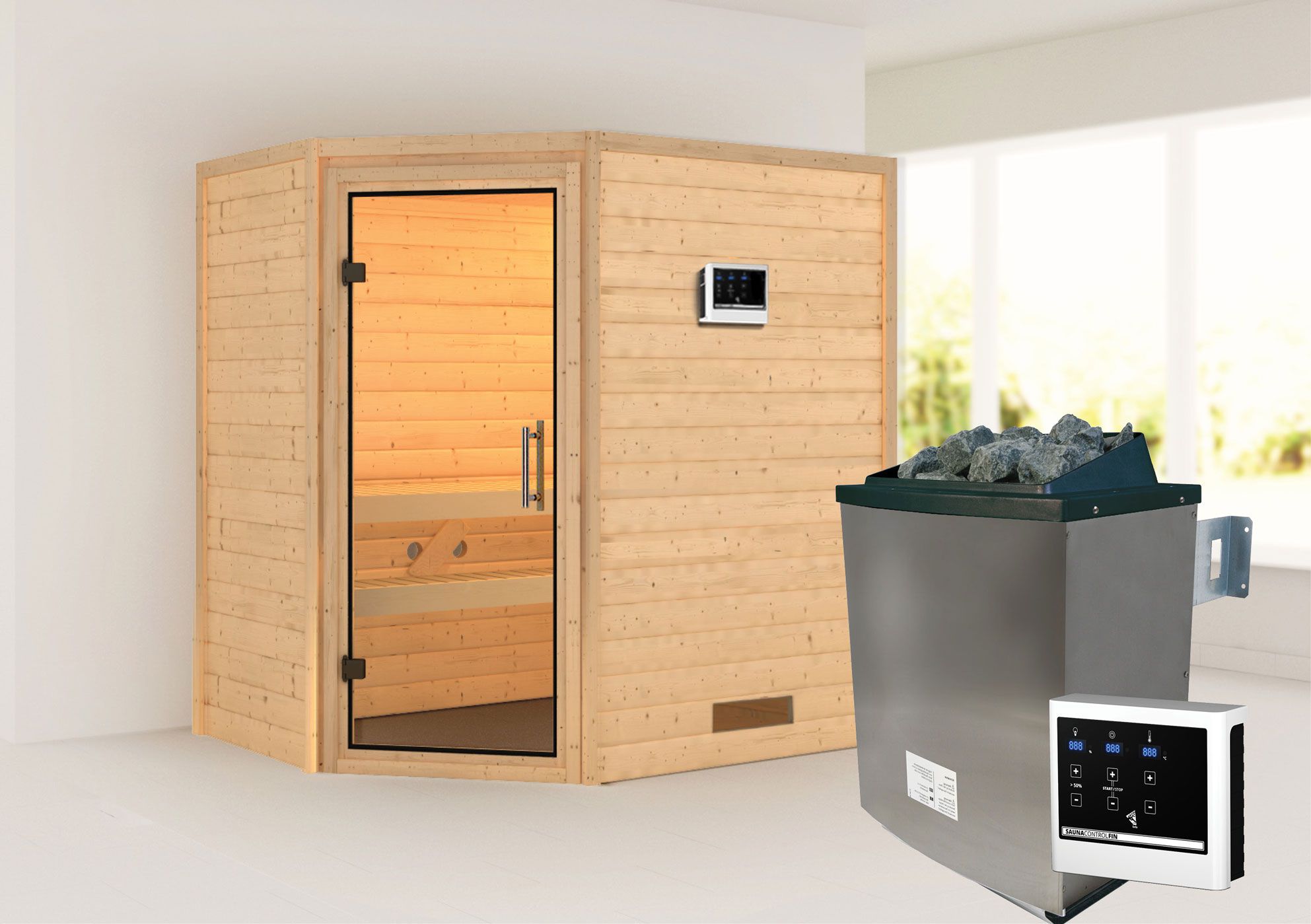 Sauna "Jannik" SET AKTION mit Klarglastür und Ofen externe Steuerung easy 9 KW - 196 x 146 x 198 cm (B x T x H)