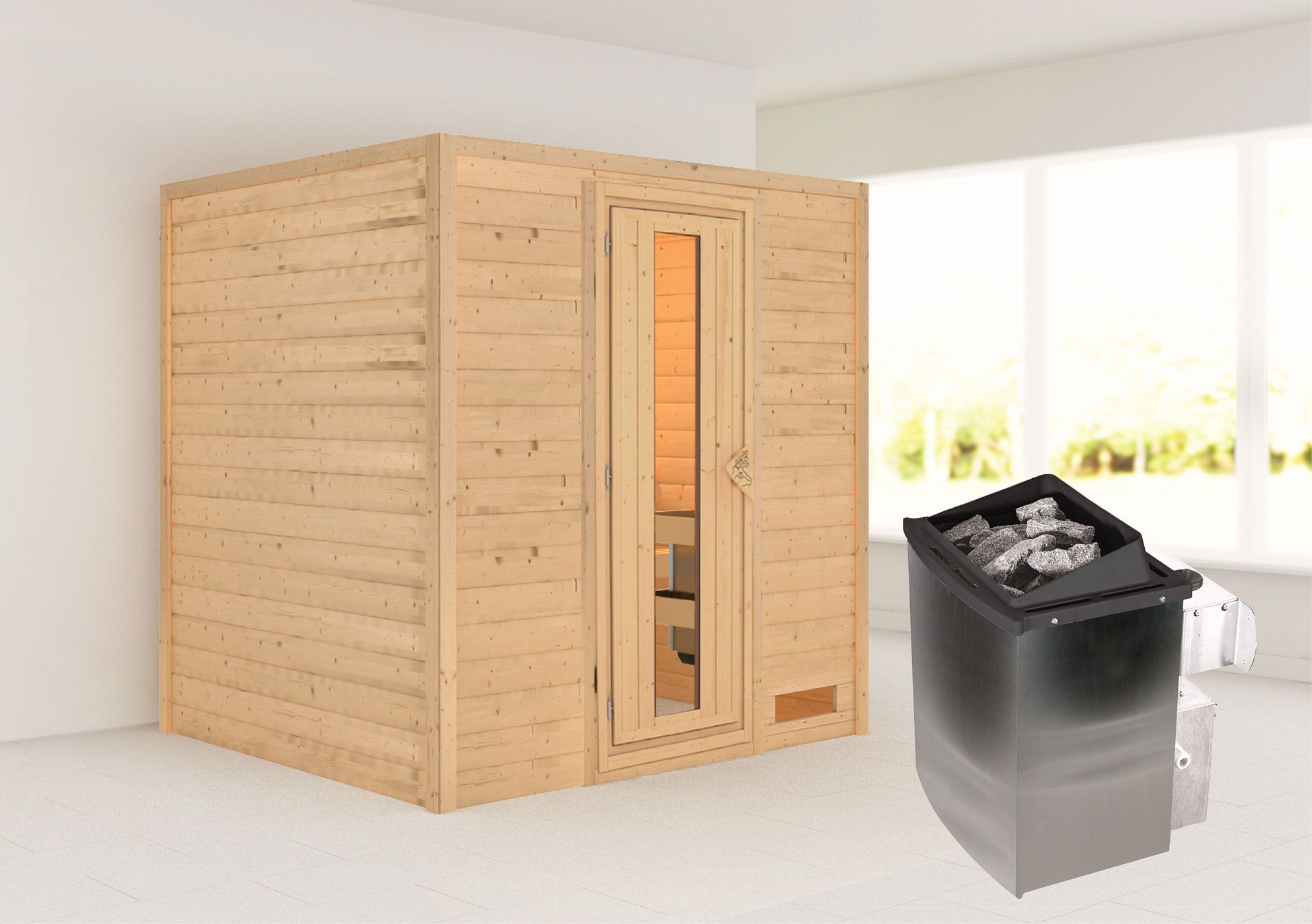 Sauna "Laerke" SET AKTION mit Energiespartür und Ofen 9 kW - 196 x 170 x 198 cm (B x T x H)