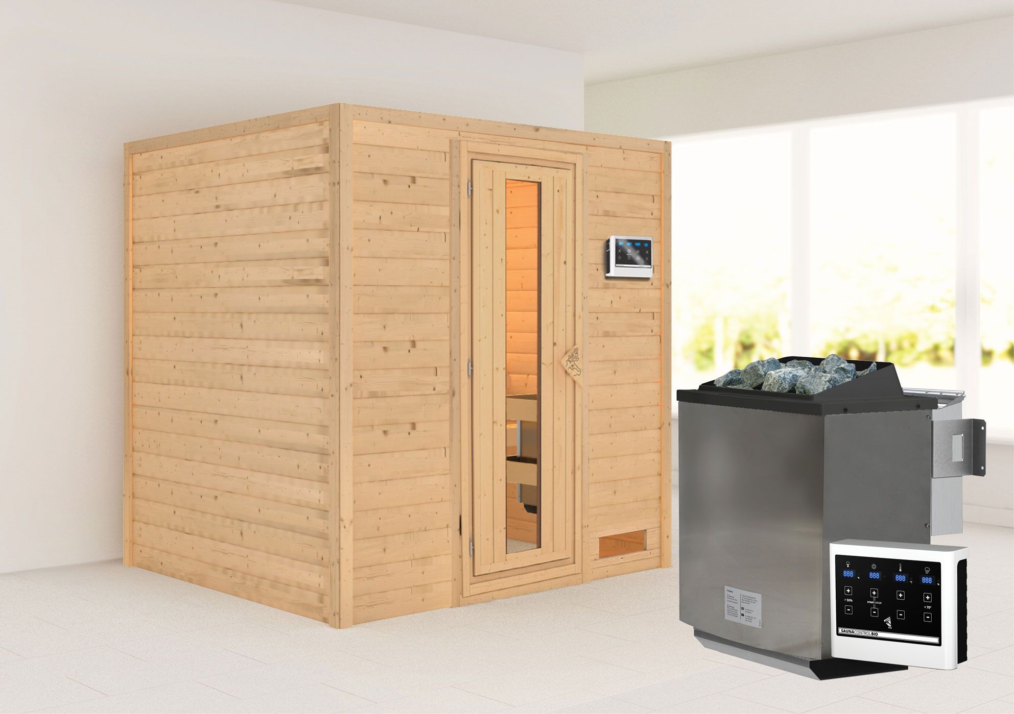Sauna "Laerke" SET AKTION mit Energiespartür und Ofen BIO 9 kW - 196 x 170 x 198 cm (B x T x H)