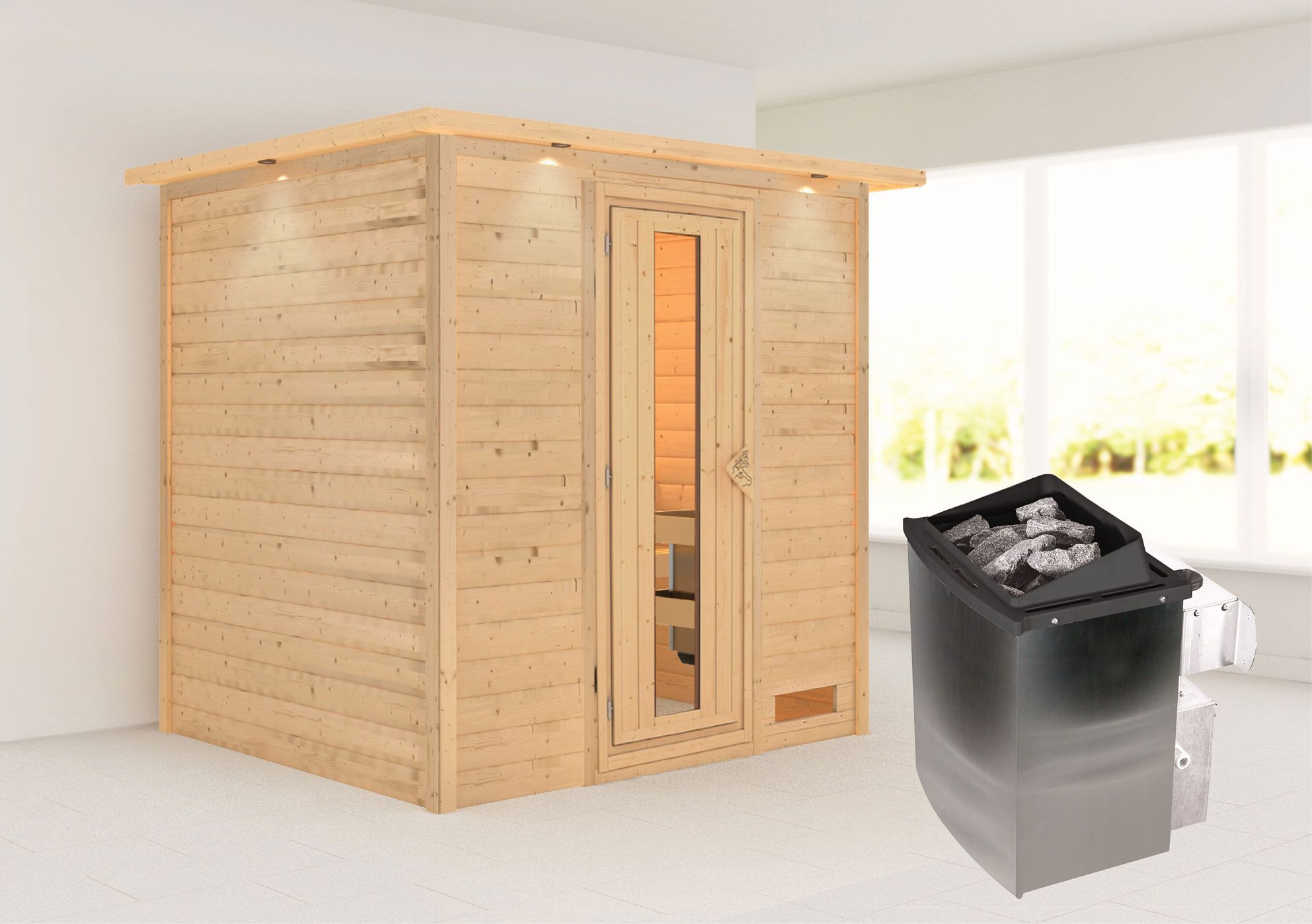 Sauna "Laerke" SET AKTION mit Energiespartür, Kranz & Ofen 9 kW - 224 x 184 x 202 cm (B x T x H)