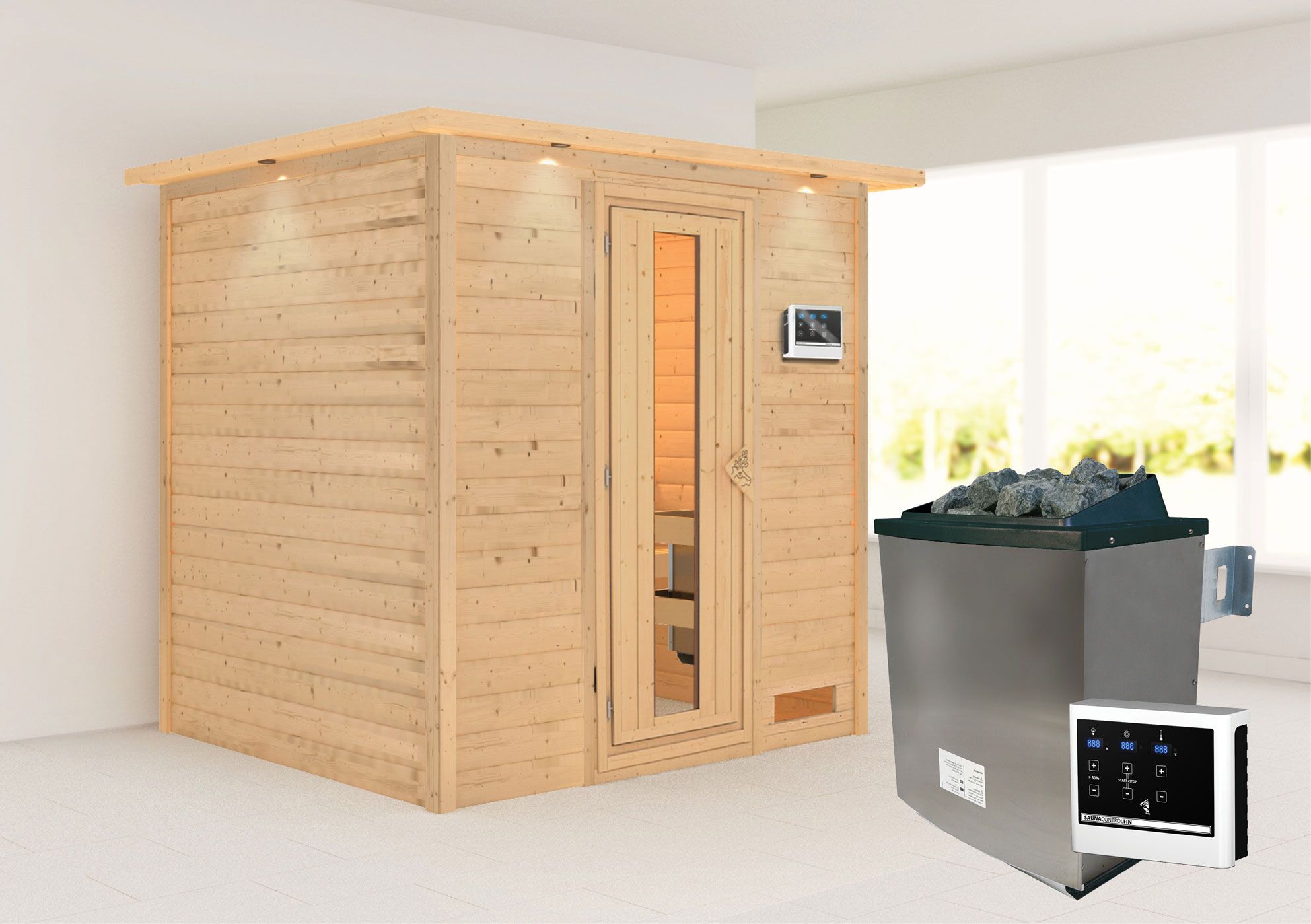 Sauna "Laerke" SET AKTION mit Energiespartür, Kranz & Ofen externe Steuerung easy 9 KW - 224 x 184 x 202 cm (B x T x H)