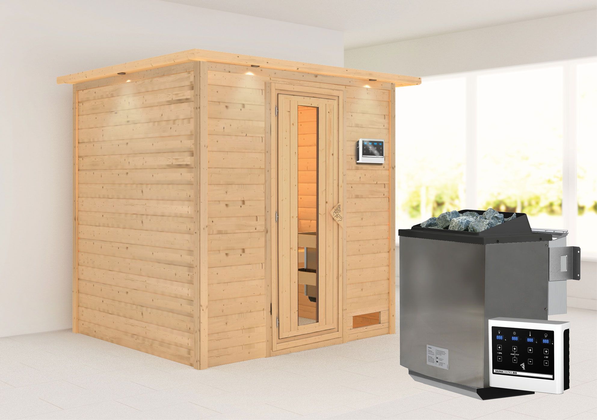 Sauna "Laerke" SET AKTION mit Energiespartür, Kranz & Ofen BIO 9 kW - 224 x 184 x 202 cm (B x T x H)