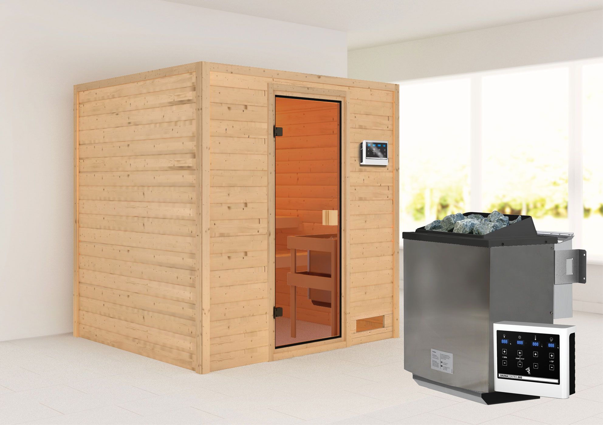 Sauna "Laerke" SET AKTION mit bronzierter Tür & Ofen BIO 9 kW - 196 x 170 x 198 cm (B x T x H)