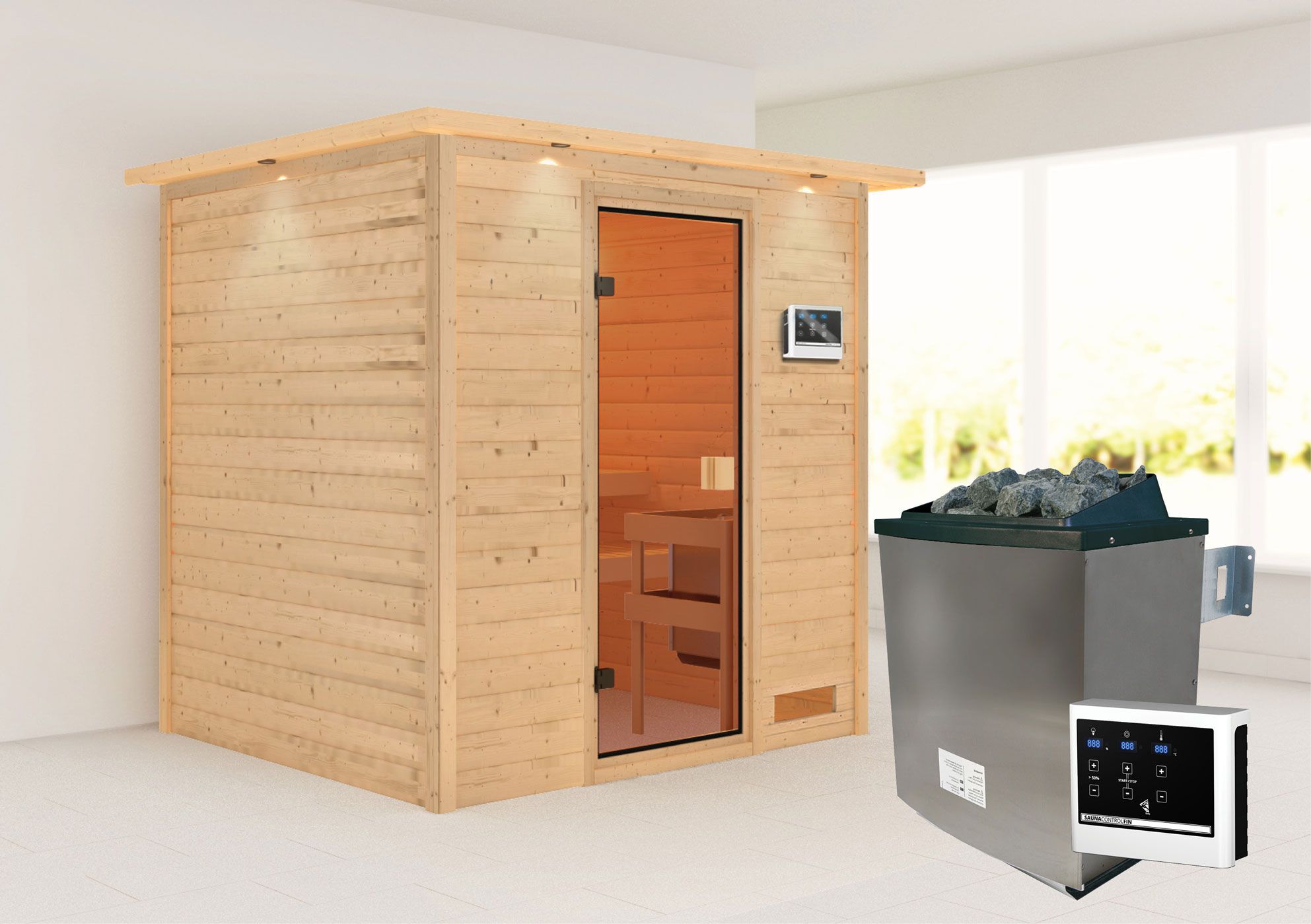 Sauna "Laerke" SET AKTION mit bronzierter Tür, Kranz & Ofen externe Steuerung easy 9 KW - 224 x 184 x 202 cm (B x T x H)