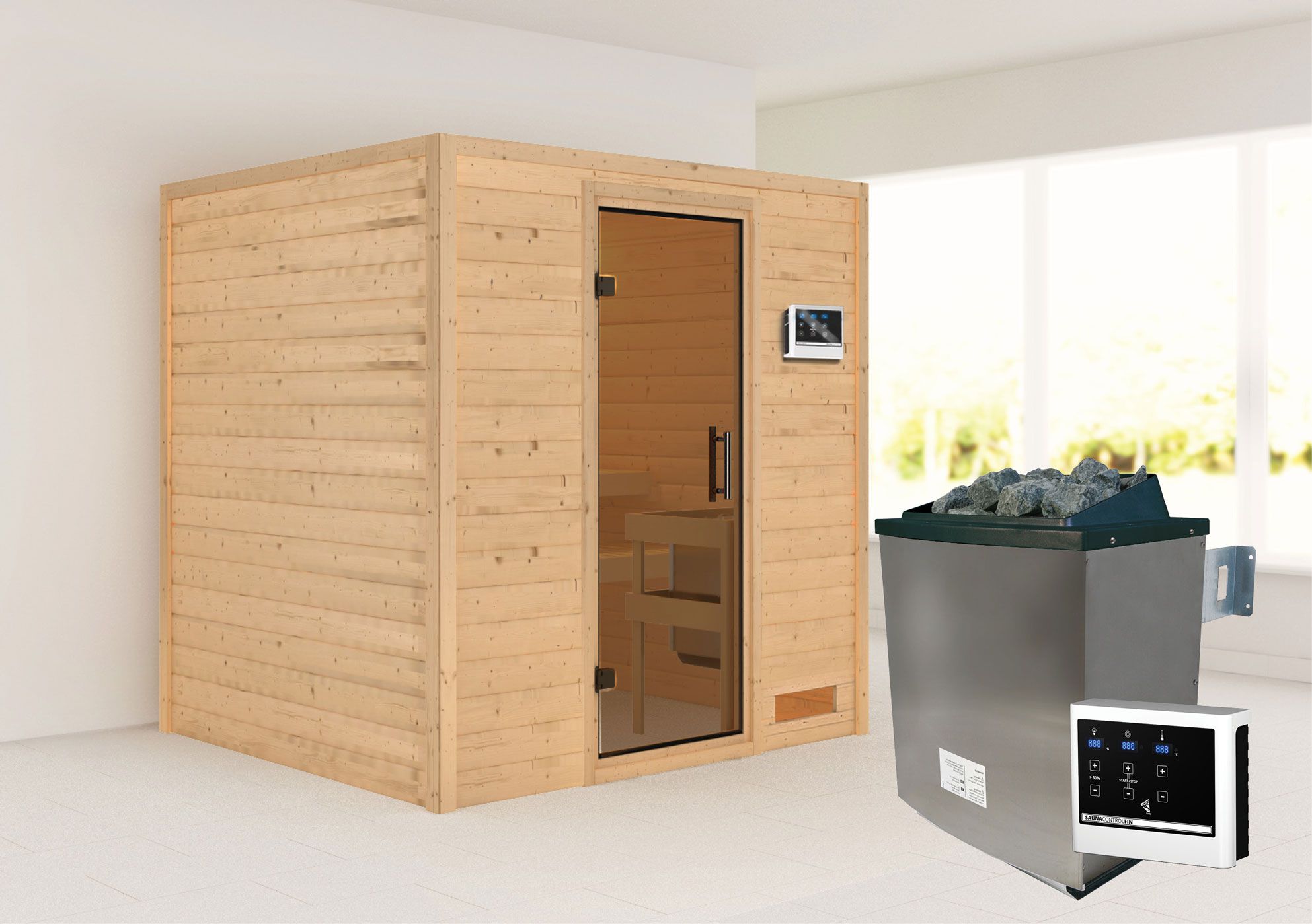 Sauna "Laerke" SET AKTION mit graphitfarbener Tür & Ofen externe Steuerung easy 9 KW - 196 x 170 x 198 cm (B x T x H)