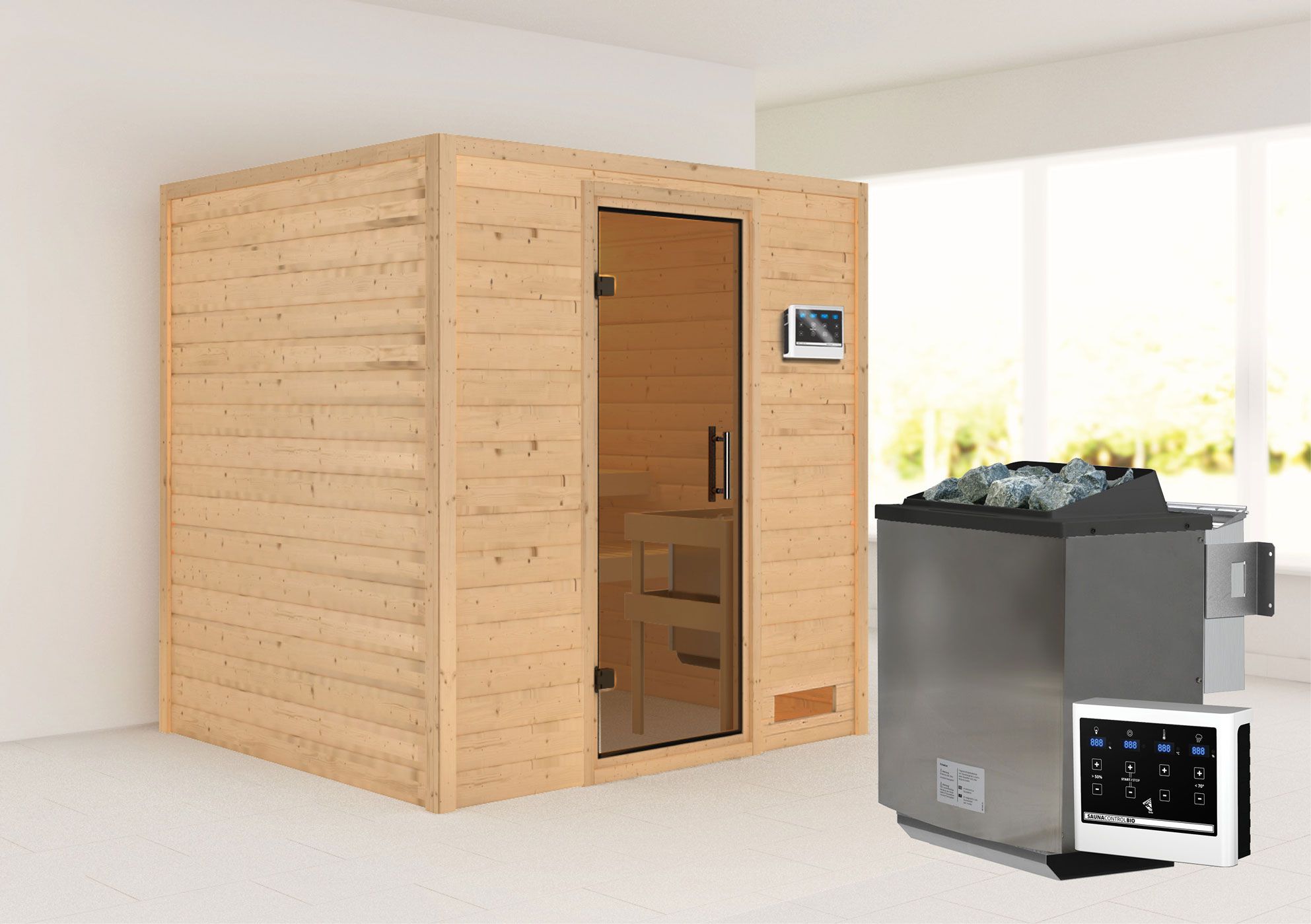 Sauna "Laerke" SET AKTION mit graphitfarbener Tür & Ofen BIO 9 kW - 196 x 170 x 198 cm (B x T x H)