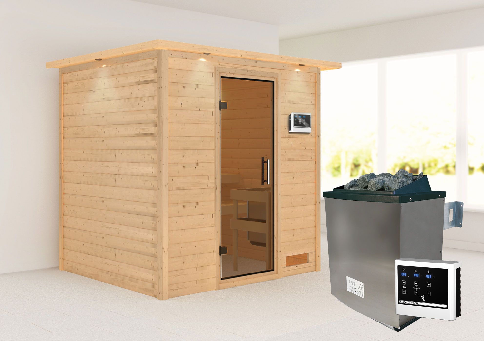 Sauna "Laerke" SET AKTION mit graphitfarbener Tür, Kranz & Ofen externe Steuerung easy 9 KW - 224 x 184 x 202 cm (B x T x H)