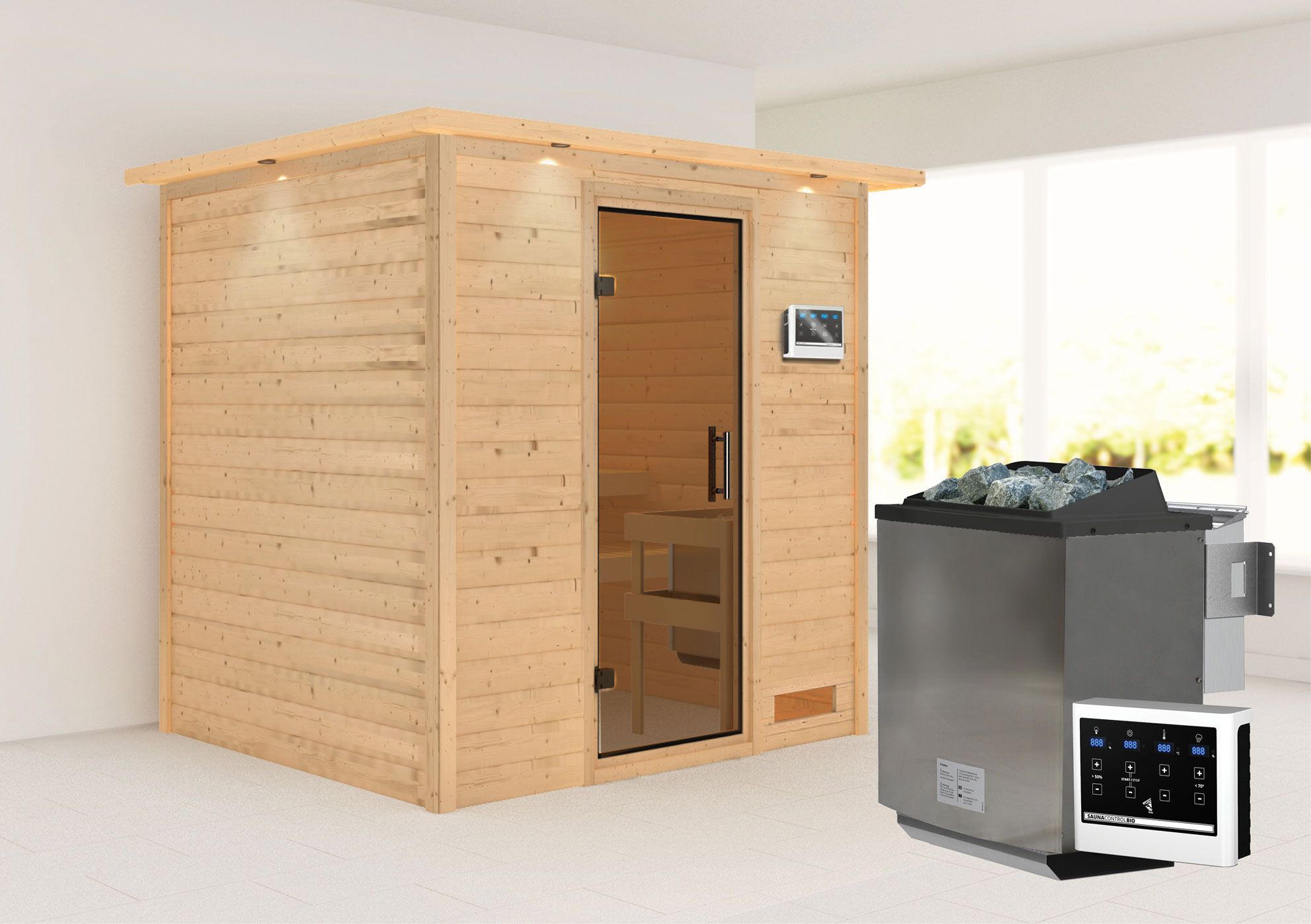 Sauna "Laerke" SET AKTION mit graphitfarbener Tür, Kranz & Ofen BIO 9 kW - 224 x 184 x 202 cm (B x T x H)