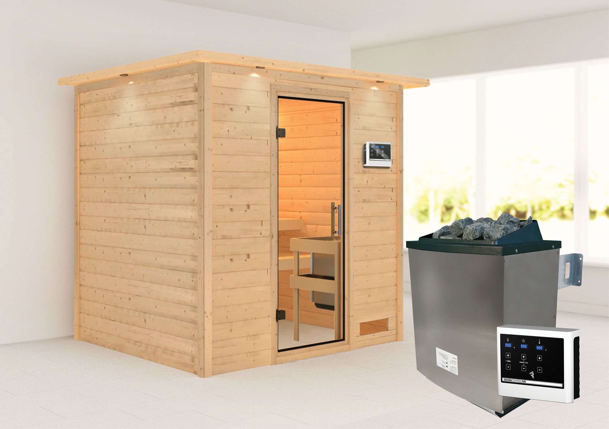 Sauna "Laerke" SET AKTION mit Klarglastür, Kranz & Ofen externe Steuerung easy 9 KW - 224 x 184 x 202 cm (B x T x H)