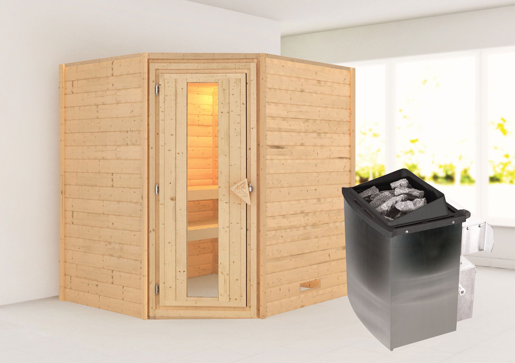 Sauna "Kirsa" SET AKTION mit Energiespartür und Ofen 9 kW - 196 x 170 x 198 cm (B x T x H)