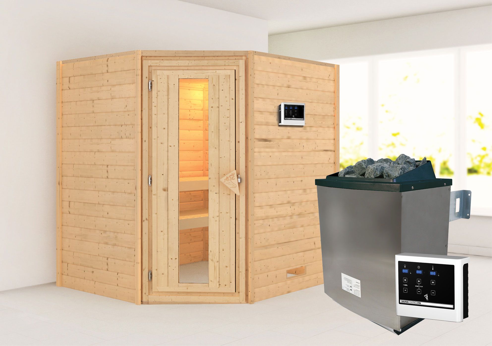 Sauna "Kirsa" SET AKTION mit Energiespartür und Ofen externe Steuerung easy 9 KW - 196 x 170 x 198 cm (B x T x H)