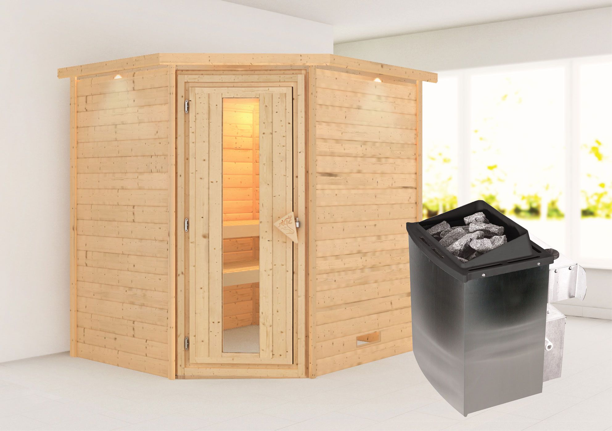 Sauna "Kirsa" SET AKTION mit Kranz, Energiespartür & Ofen 9 kW - 224 x 184 x 202 cm (B x T x H)