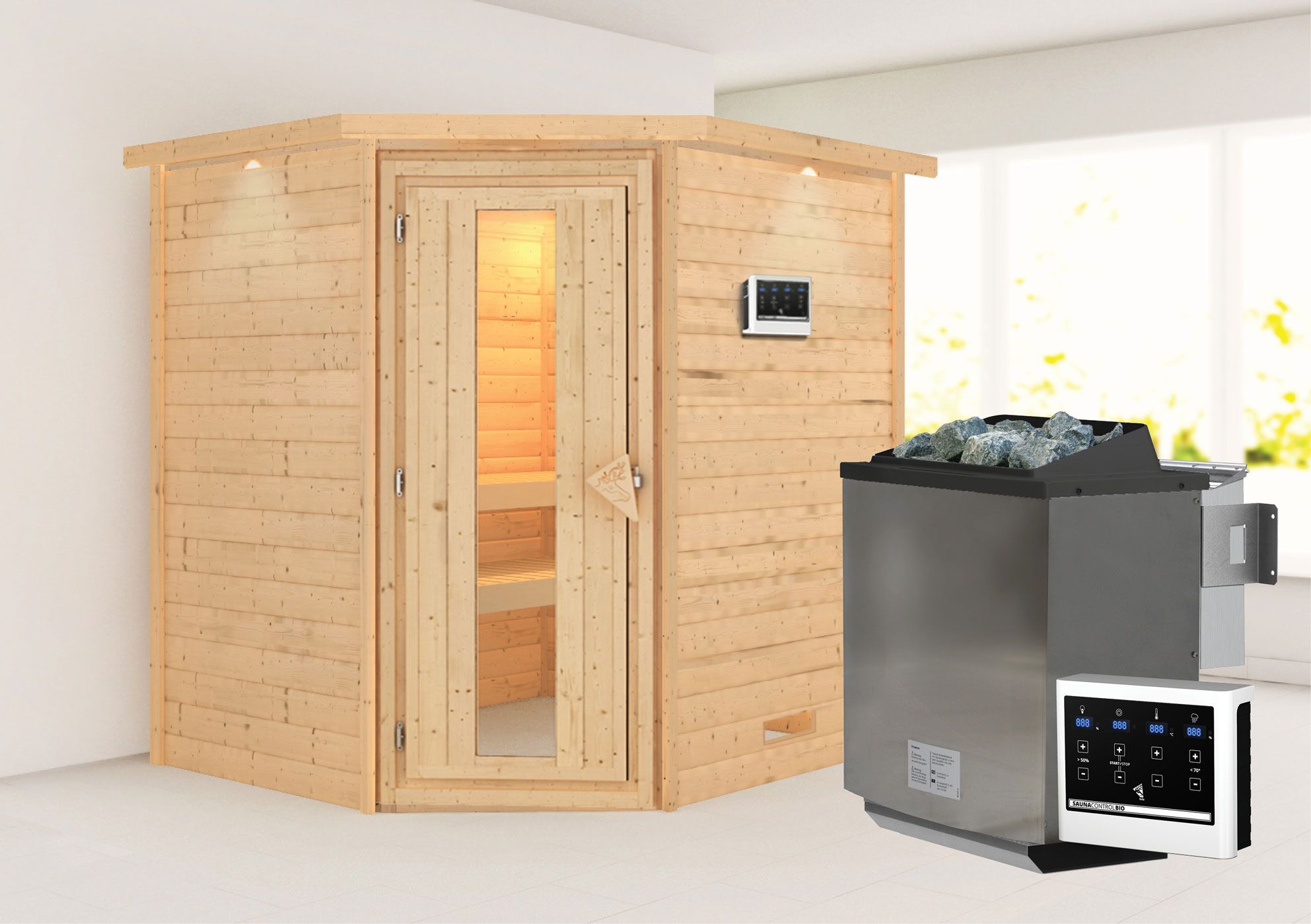 Sauna "Kirsa" SET AKTION mit Kranz, Energiespartür & Ofen BIO 9 kW - 224 x 184 x 202 cm (B x T x H)