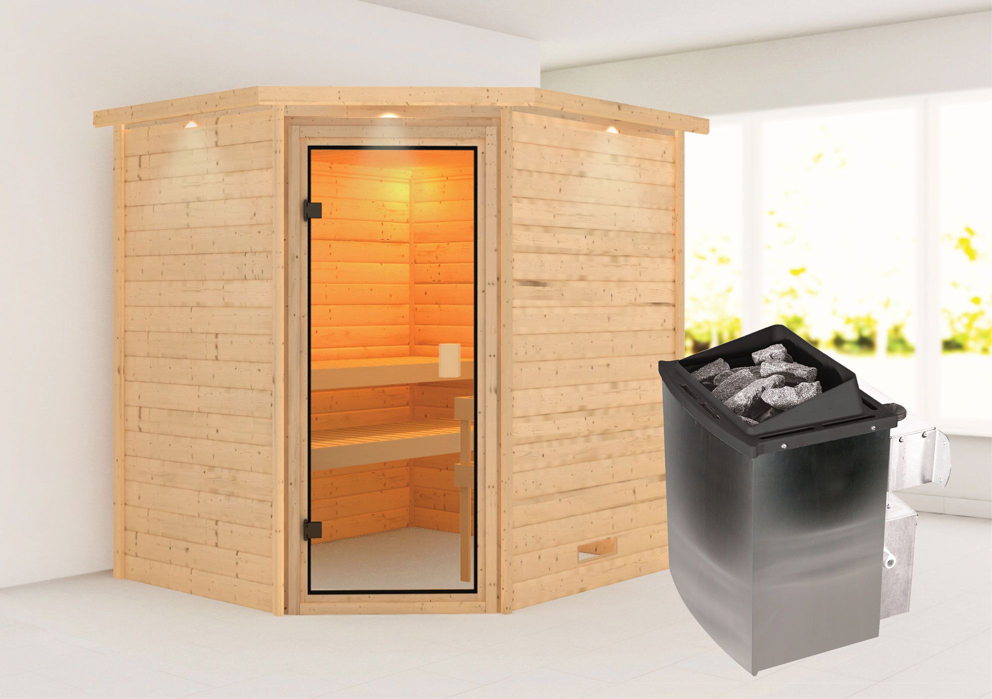 Sauna "Kirsa" SET AKTION mit bronzierter Tür, Kranz & Ofen 9 kW - 224 x 184 x 202 cm (B x T x H)