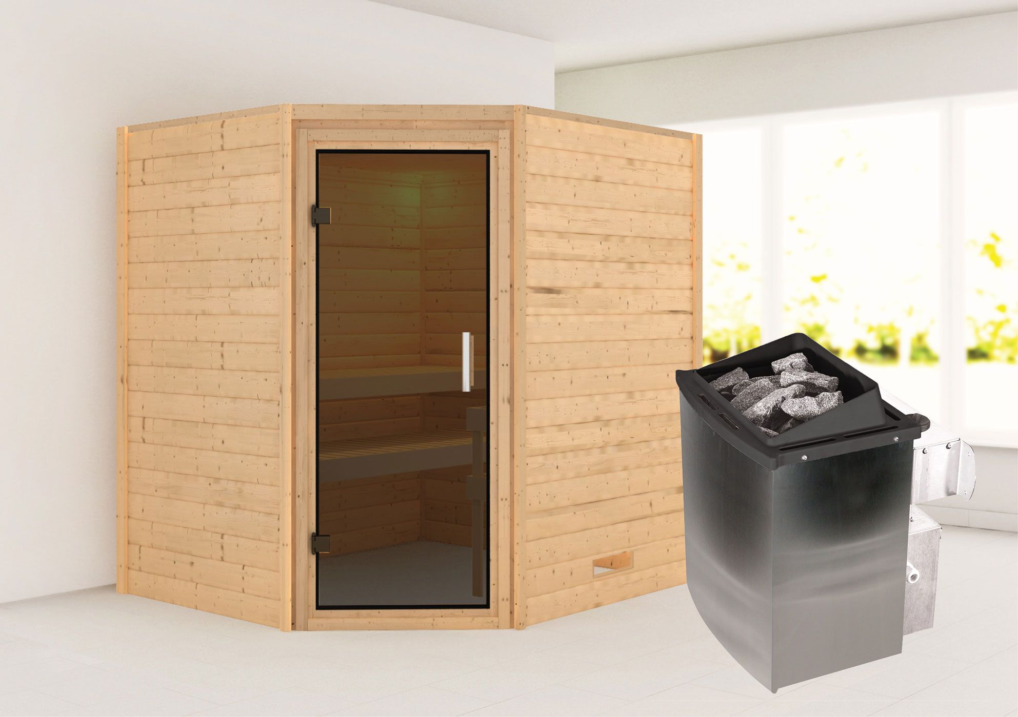 Sauna "Kirsa" SET AKTION mit graphitfarbener Tür & Ofen 9 kW - 196 x 170 x 198 cm (B x T x H)