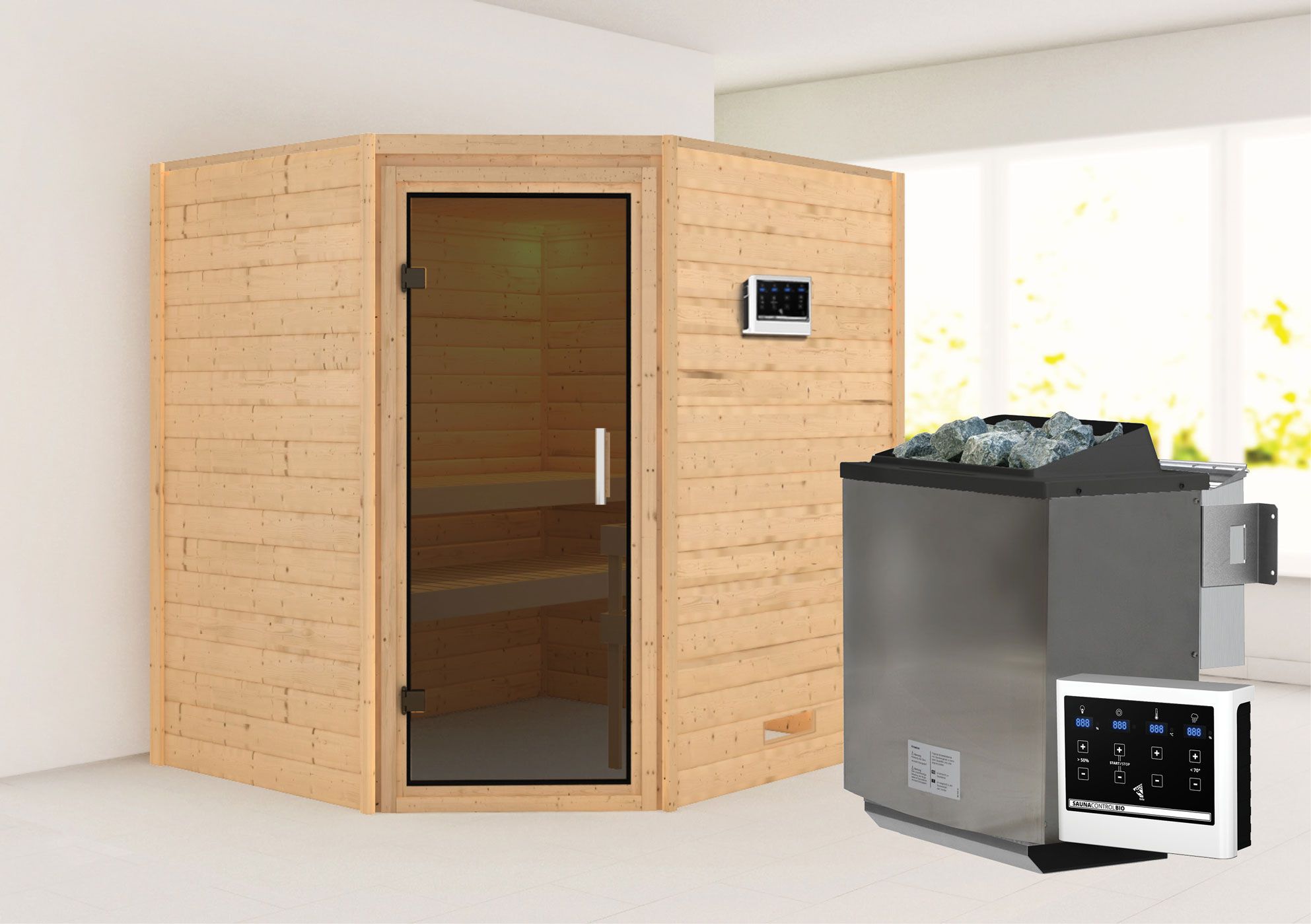 Sauna "Kirsa" SET AKTION mit graphitfarbener Tür & Ofen BIO 9 kW - 196 x 170 x 198 cm (B x T x H)