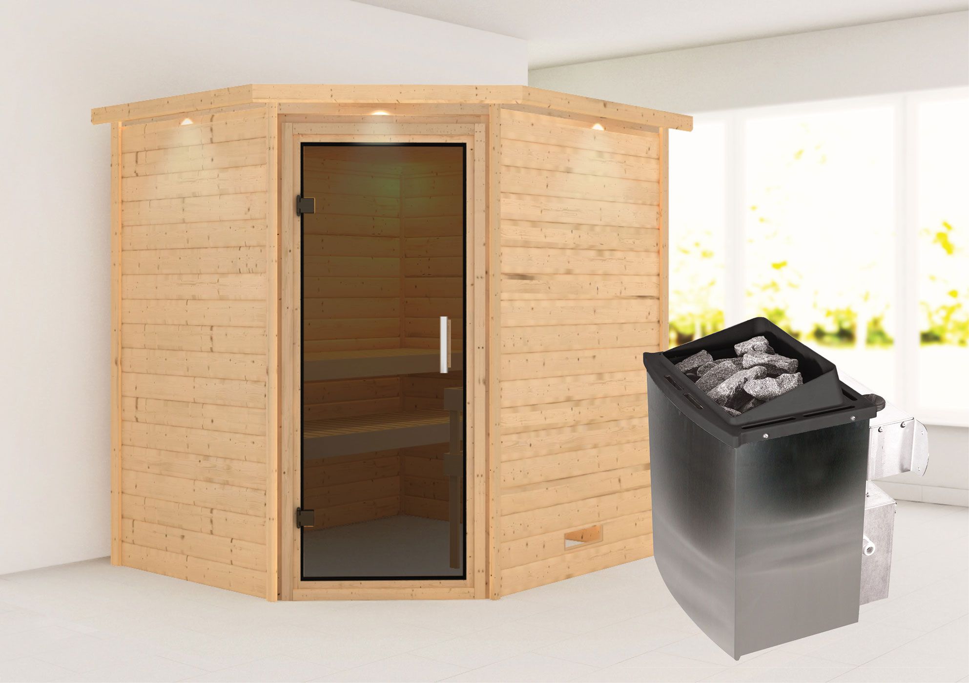 Sauna "Kirsa" SET AKTION mit Kranz, graphitfarbener Tür & Ofen 9 kW - 224 x 184 x 202 cm (B x T x H)