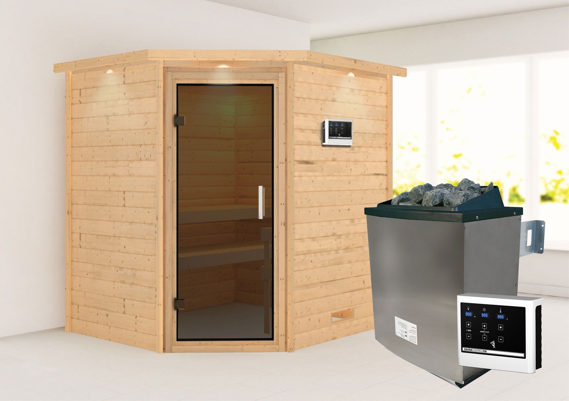 Sauna "Kirsa" SET AKTION mit Kranz, graphitfarbener Tür & Ofen externe Steuerung easy 9 KW - 224 x 184 x 202 cm (B x T x H)