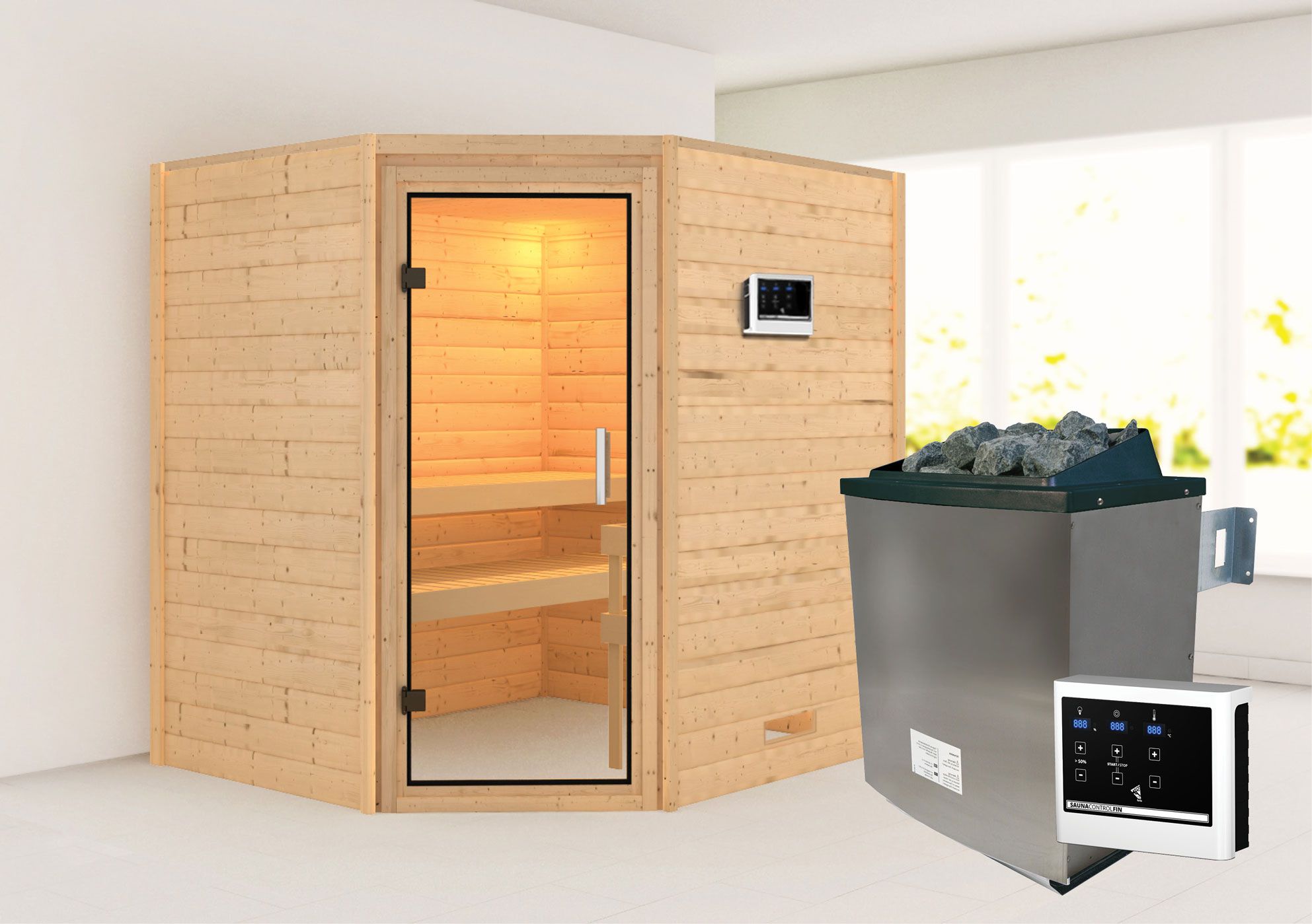 Sauna "Kirsa" SET AKTION 2 mit Klarglastür und Ofen externe Steuerung easy 9 KW - 196 x 170 x 198 cm (B x T x H)