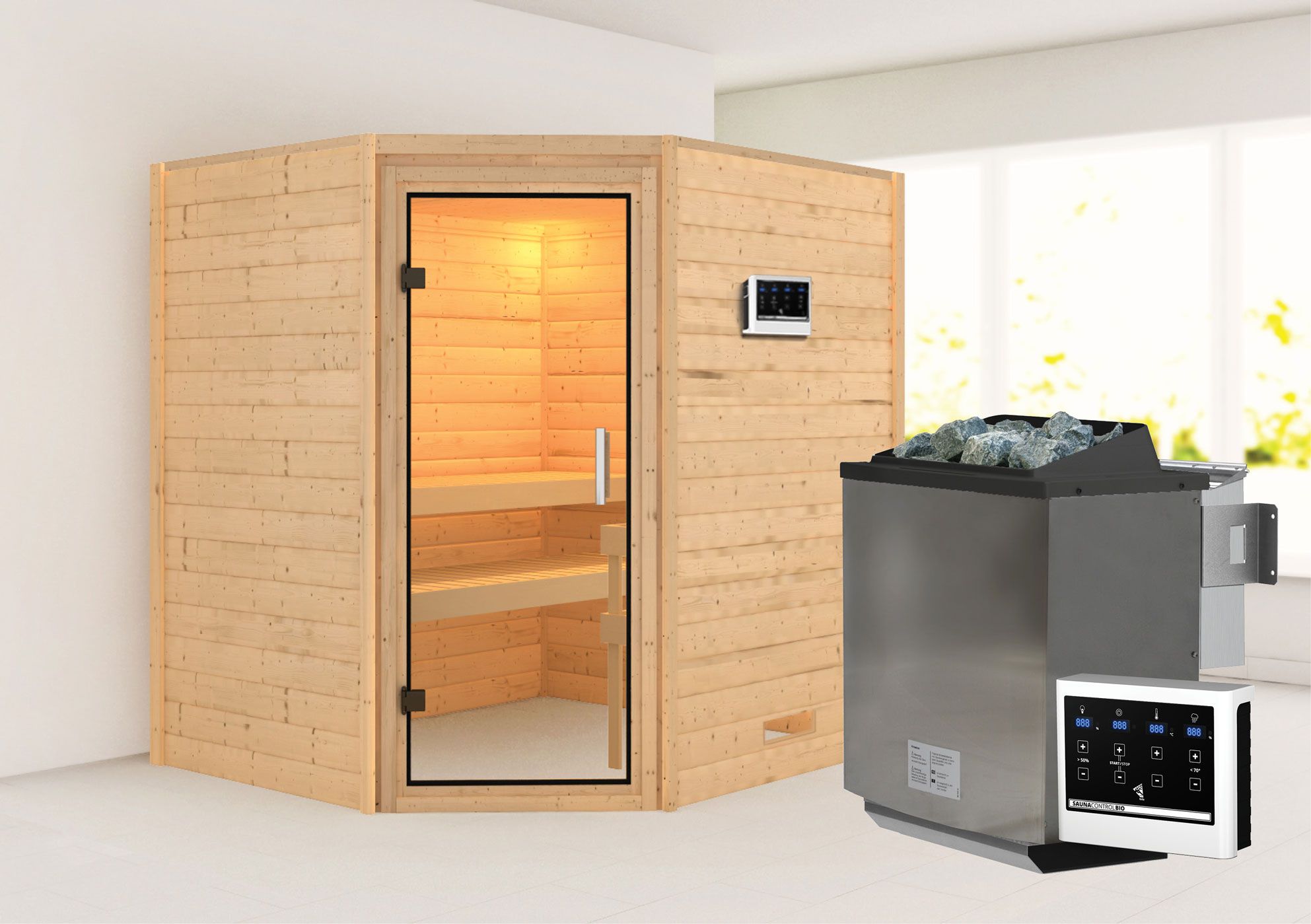 Sauna "Kirsa" SET AKTION 2 mit Klarglastür und Ofen BIO 9 kW - 196 x 170 x 198 cm (B x T x H)