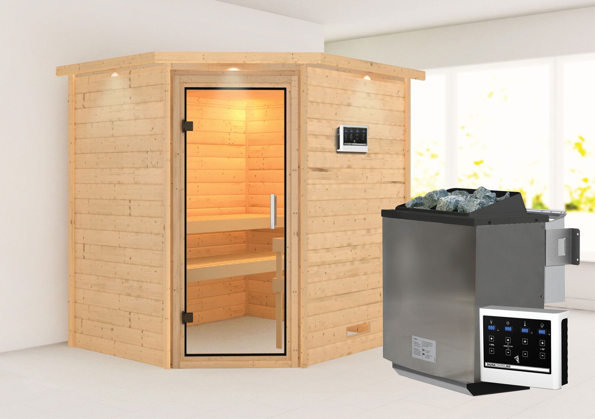 Sauna "Kirsa" SET AKTION mit Klarglastür, Kranz & Ofen BIO 9 kW - 224 x 184 x 202 cm (B x T x H)