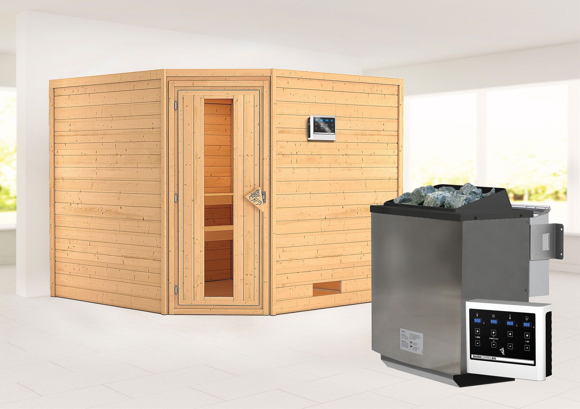 Sauna "Anesa" SET AKTION mit Energiespartür und Ofen BIO 9 kW - 231 x 231 x 198 cm (B x T x H)