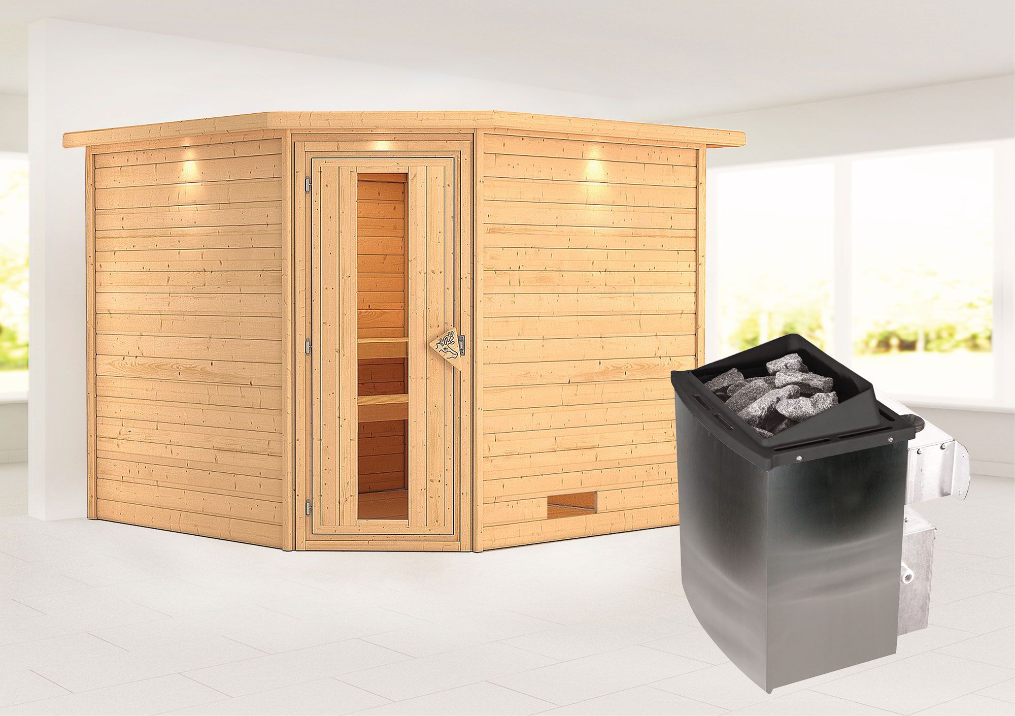 Sauna "Anesa" SET AKTION mit Kranz, Energiespartür & Ofen 9 kW - 259 x 245 x 202 cm (B x T x H)