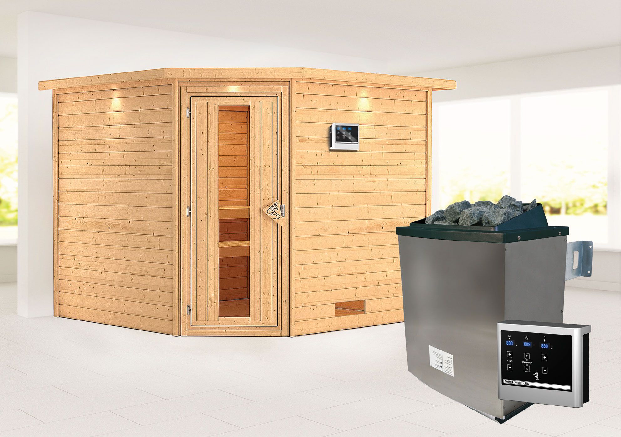 Sauna "Anesa" SET AKTION mit Kranz, Energiespartür & Ofen externe Steuerung easy 9 KW - 259 x 245 x 202 cm (B x T x H)