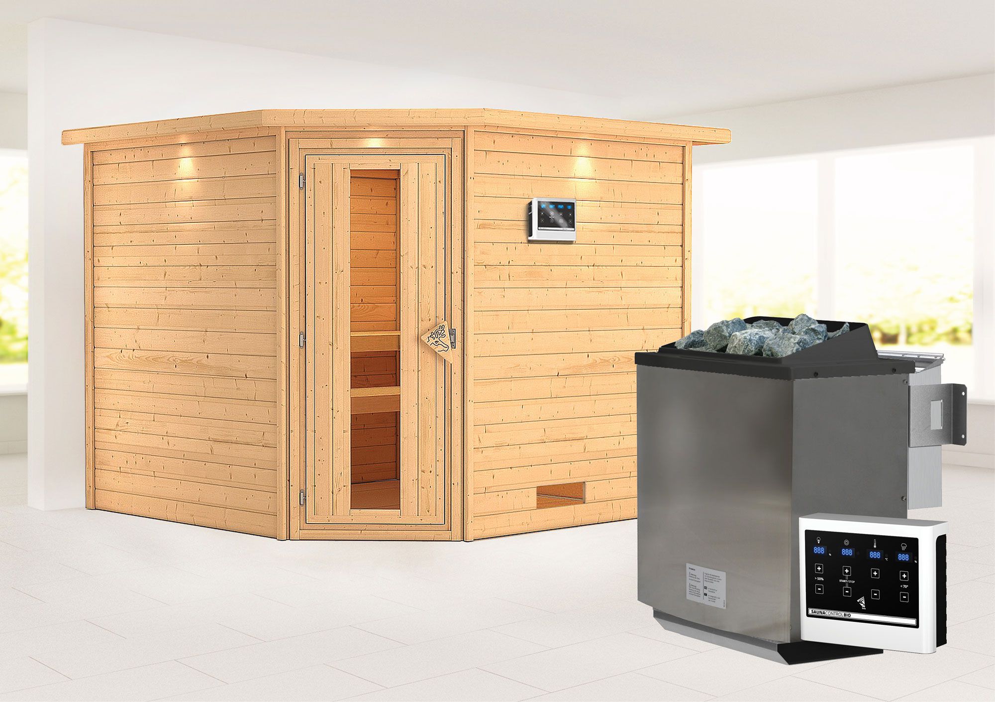 Sauna "Anesa" SET AKTION mit Kranz, Energiespartür & Ofen BIO 9 kW - 259 x 245 x 202 cm (B x T x H)