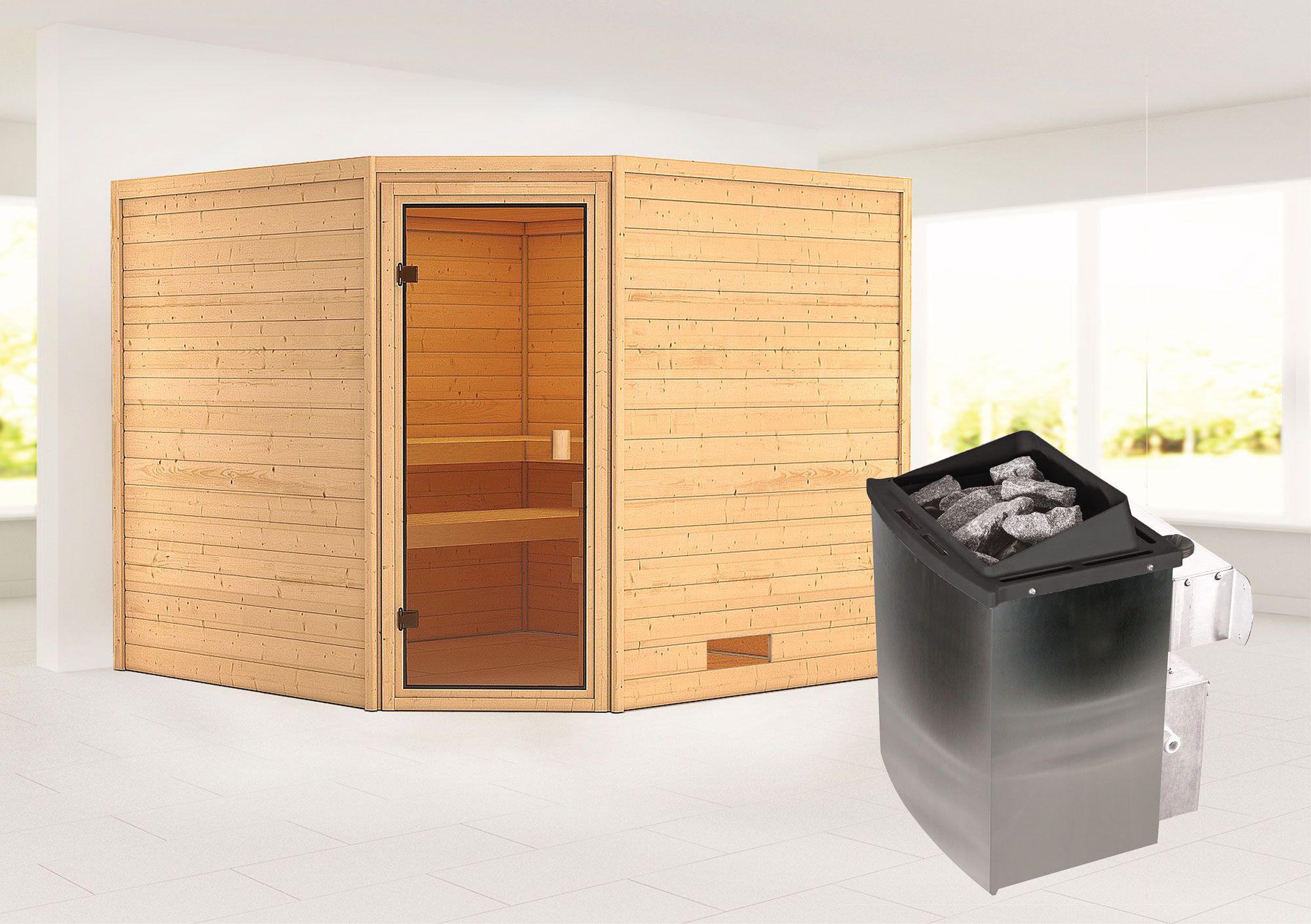Sauna "Anesa" SET mit bronzierter Tür und Ofen 9 kW - 231 x 231 x 198 cm (B x T x H)