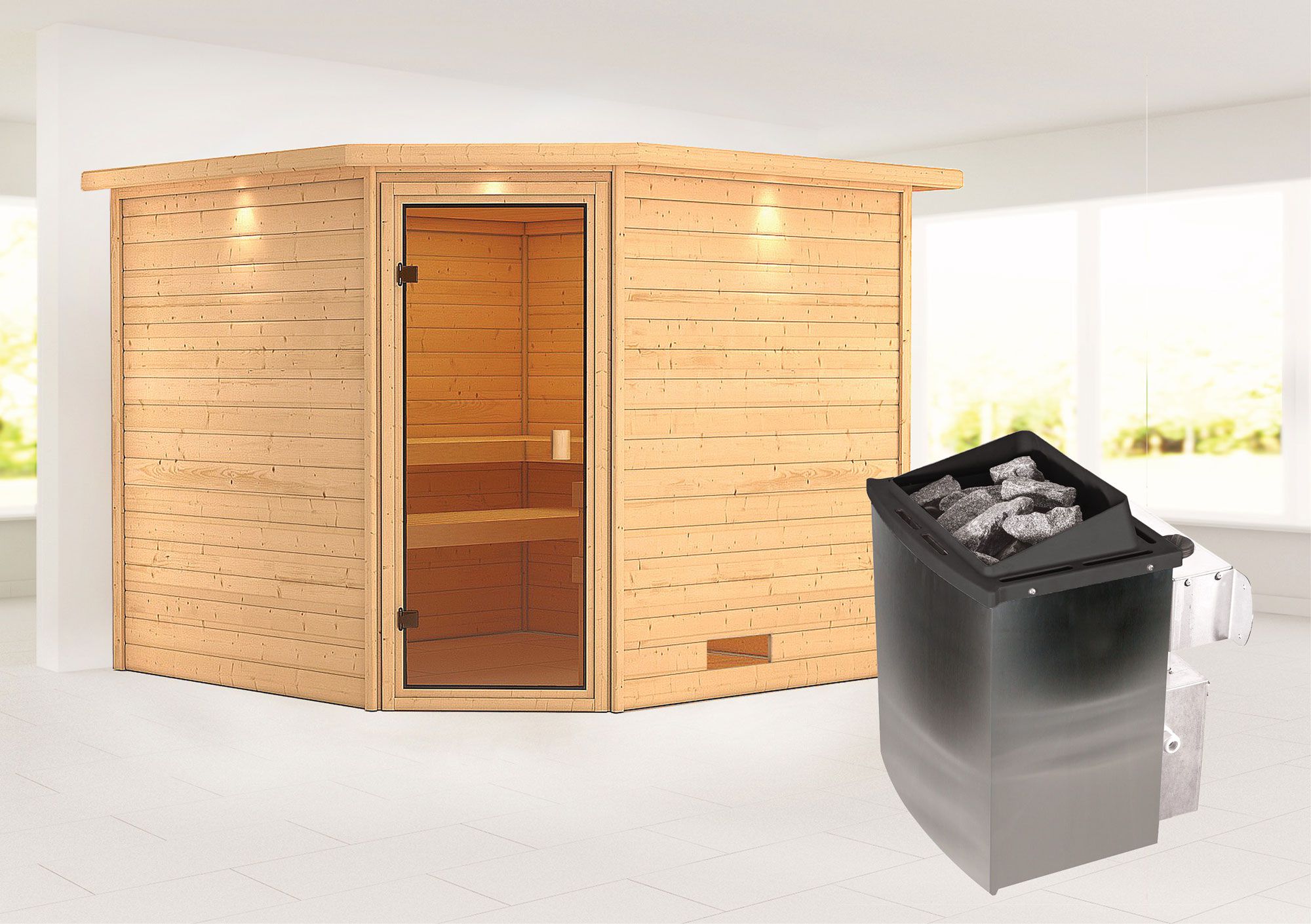 Sauna "Anesa" AKTION mit Kranz, bronzierter Tür und Ofen 9 kW - 259 x 245 x 202 cm (B x T x H)