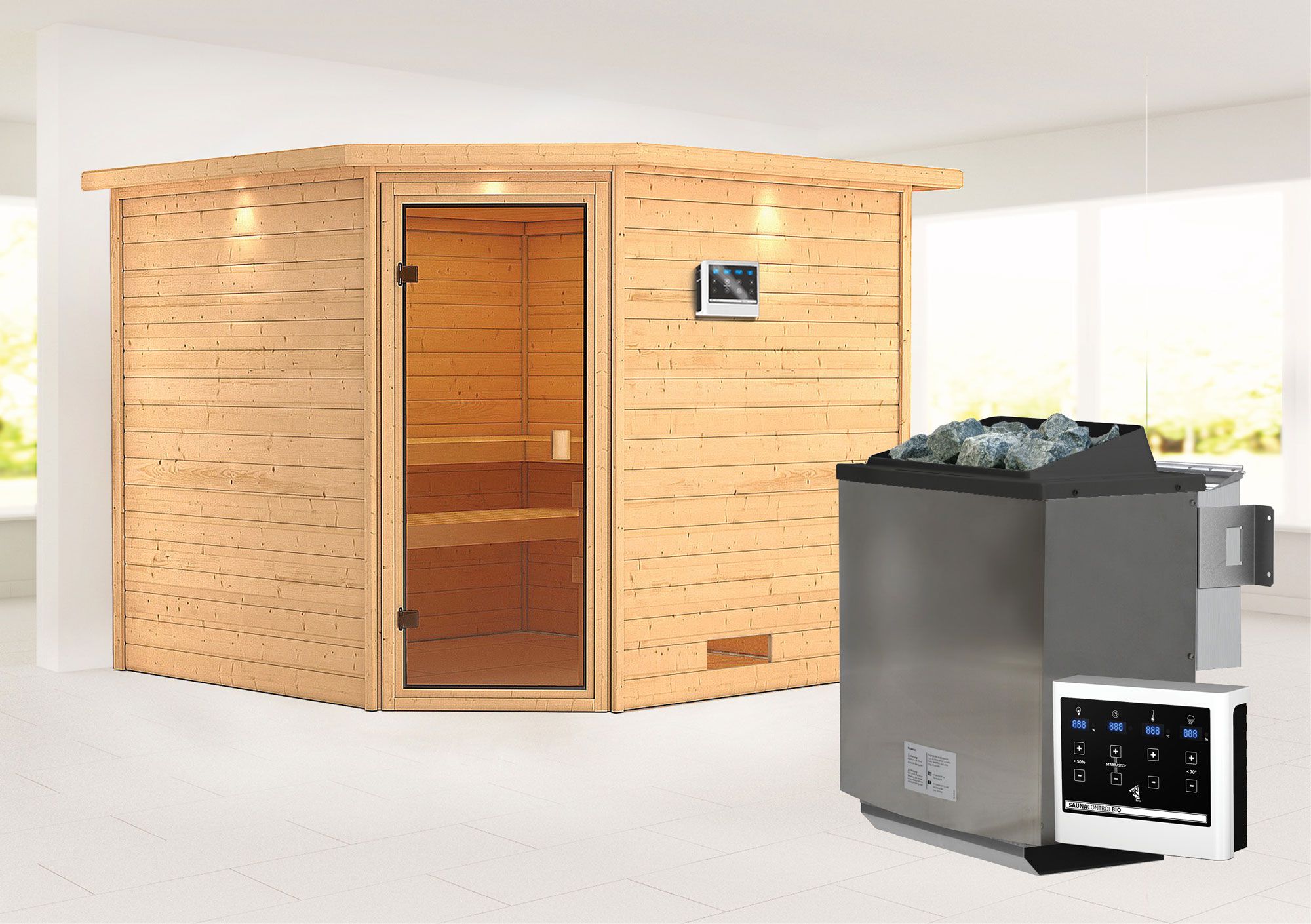 Sauna "Anesa" AKTION mit Kranz, bronzierter Tür und Ofen BIO 9 kW - 259 x 245 x 202 cm (B x T x H)