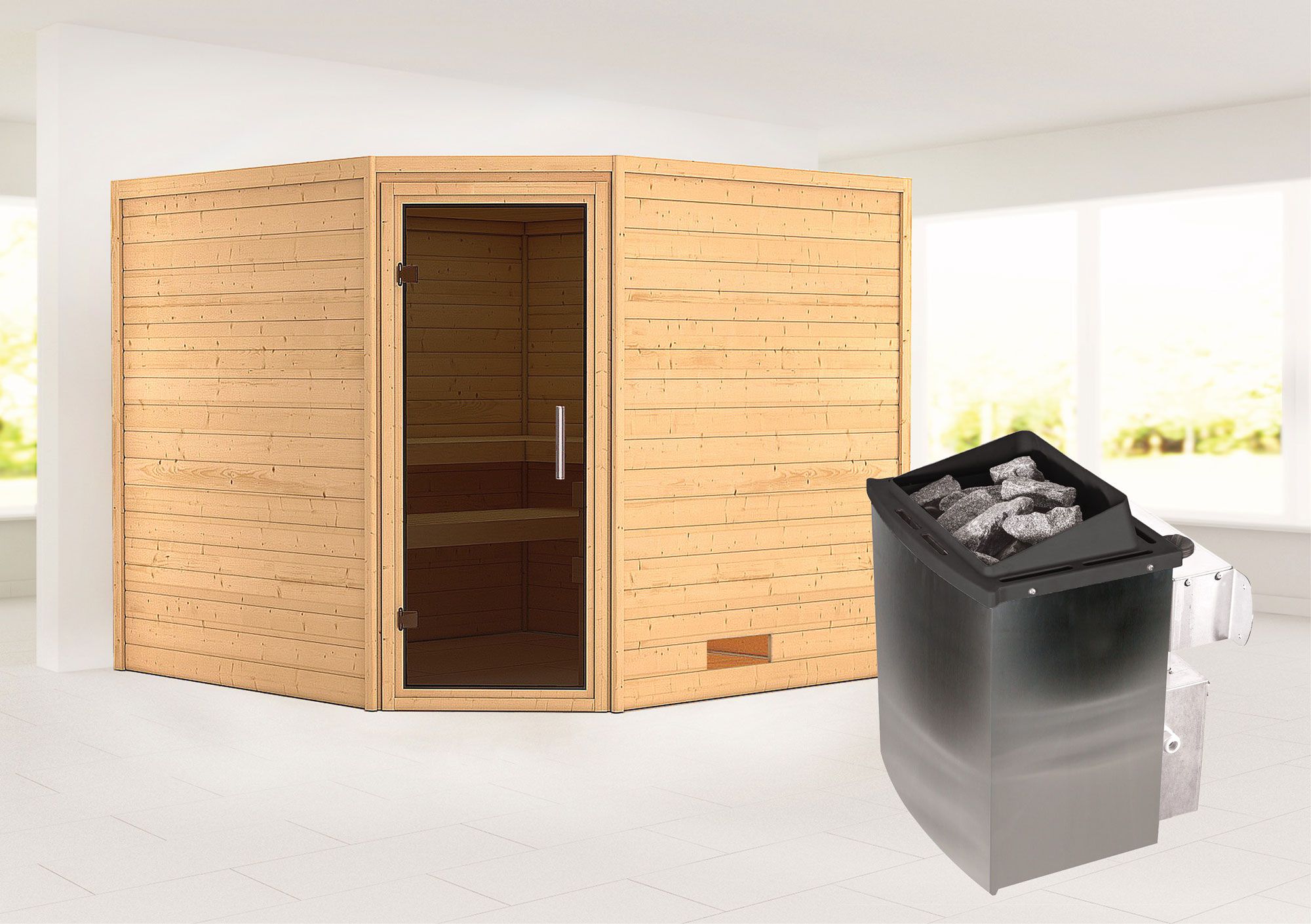 Sauna "Anesa" SET AKTION mit graphitfarbener Tür & Ofen 9 kW - 231 x 231 x 198 cm (B x T x H)