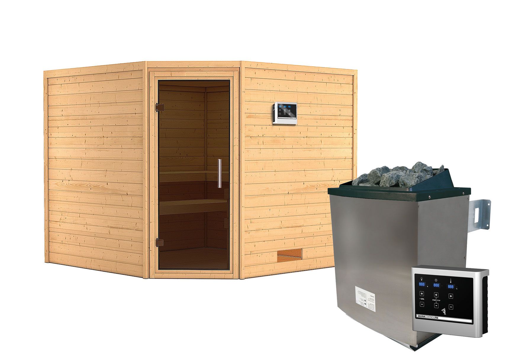 Sauna "Anesa" SET AKTION mit graphitfarbener Tür & Ofen externe Steuerung easy 9 KW - 231 x 231 x 198 cm (B x T x H)